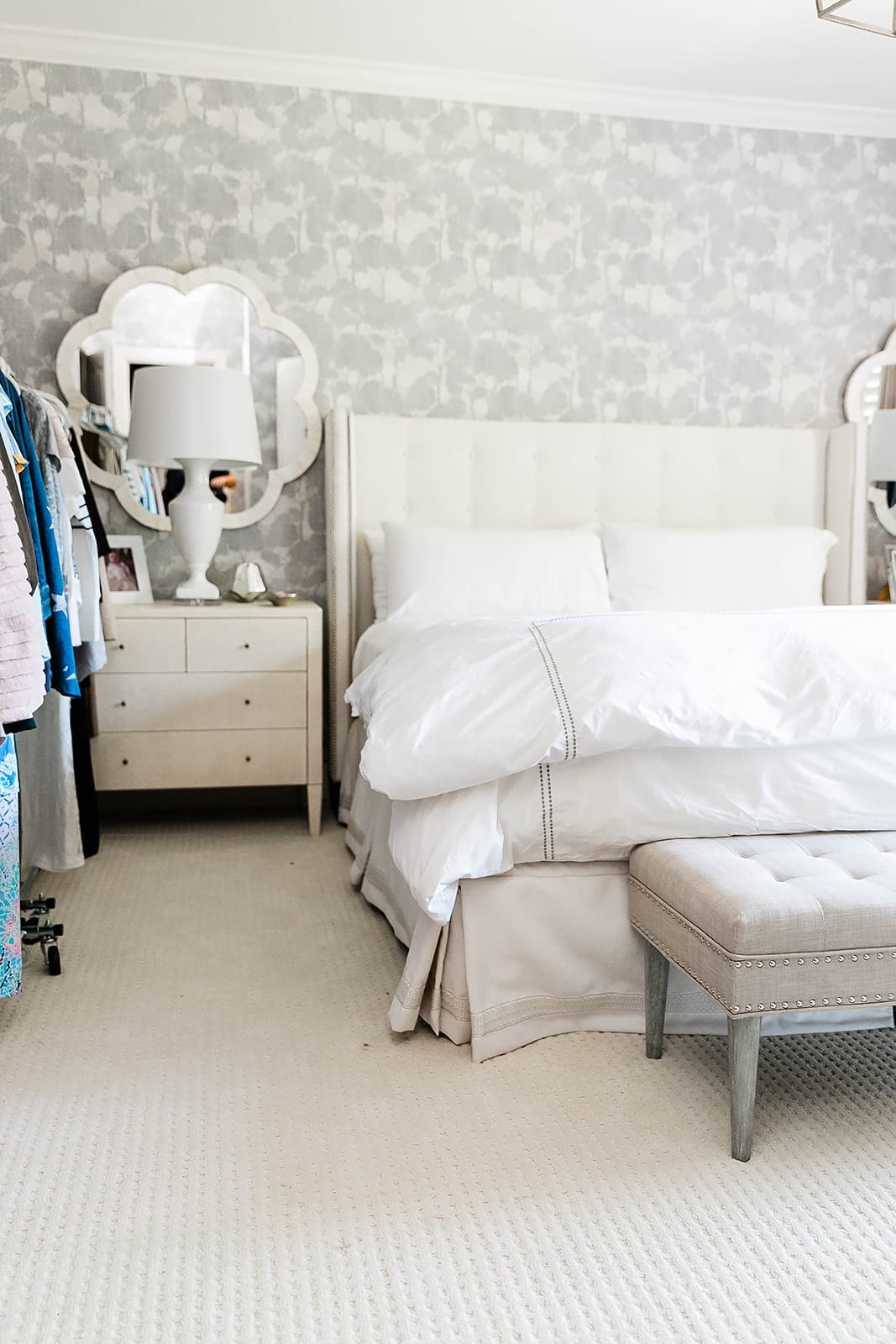 Bedroom Wallpaper from Calico Corners Atlanta. White hotel sheets and ivory mirror.