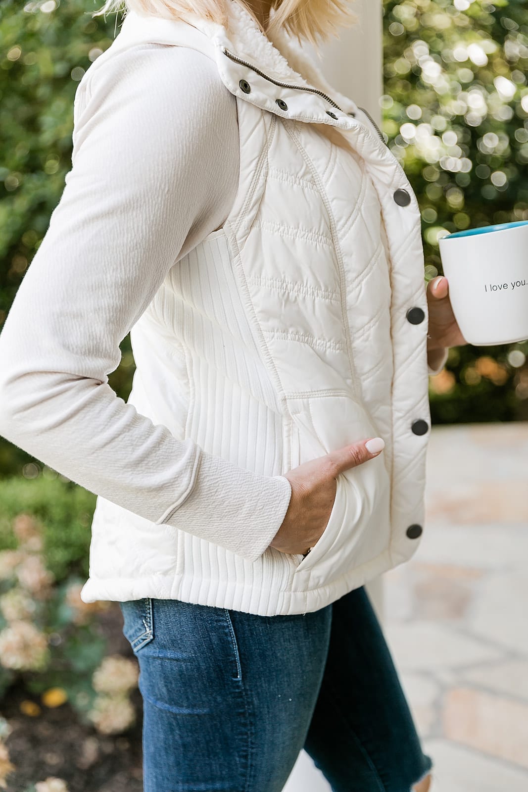 Fall Vest for women in ivory. Knit and fleece fest - great fall staple outfit!