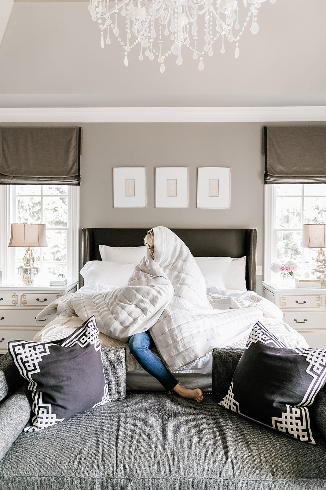 Pine Cone Hill Quilt. Natural quilt that's soft. Benjamin Moore gray wall paint in master bedroom. Master bedroom decor in blue and gray.