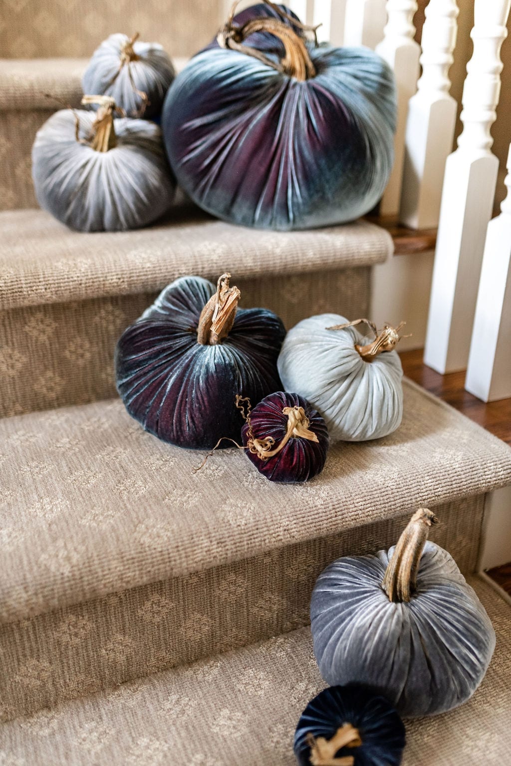 Blue and Gray velvet pumpkins with real stems. Handmade fall decorations for Thanksgiving.