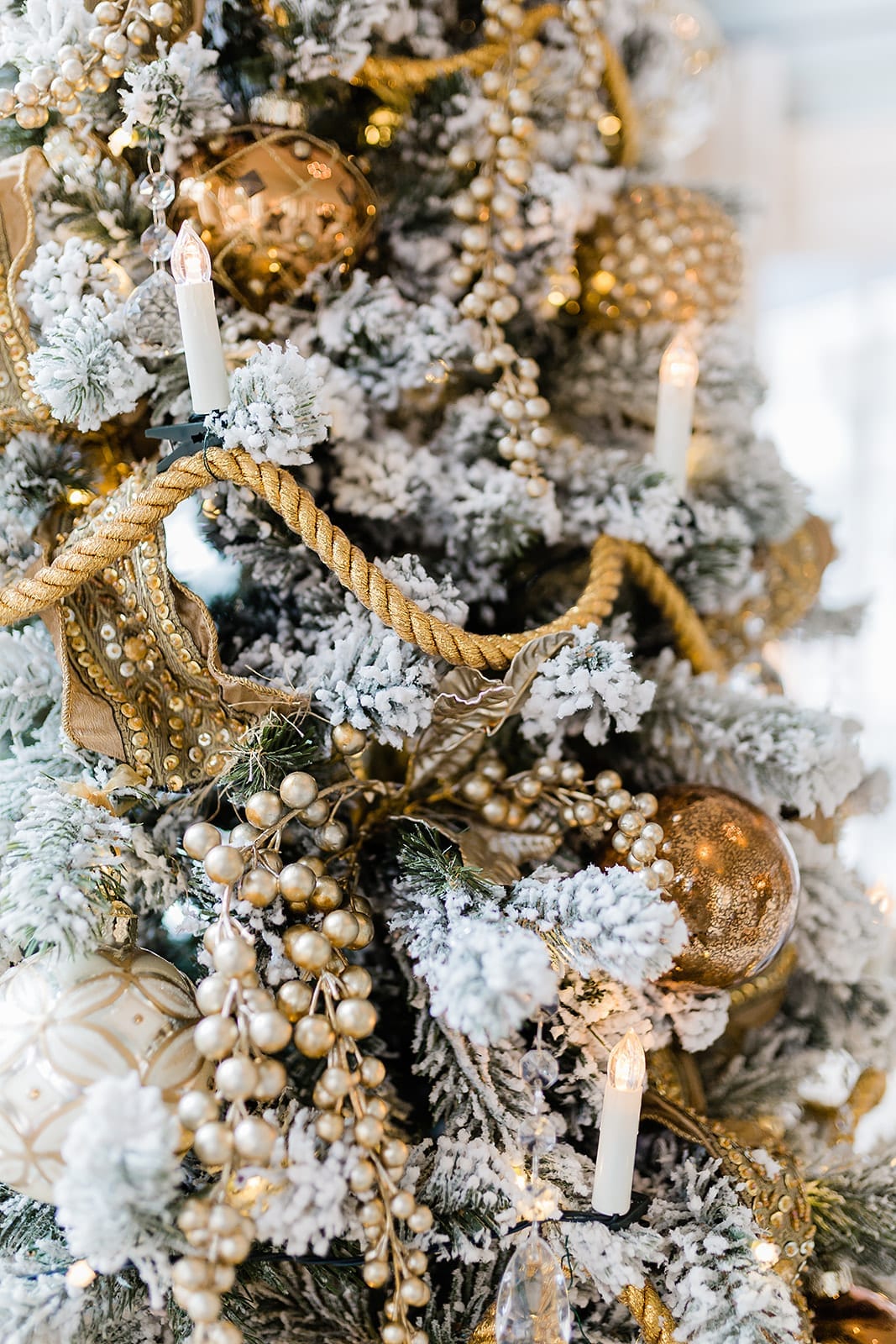 Fake candles on Christmas tree replicate the old Christmas tree with candles look! Beautiful gold tree picks and gold ornaments.