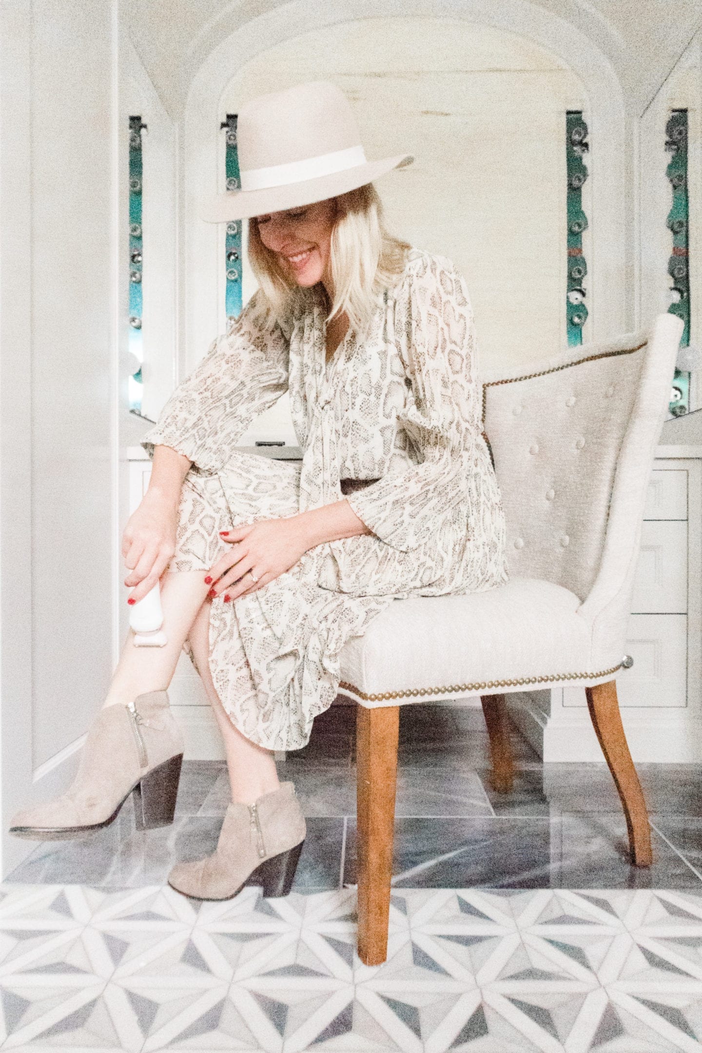 Anthropologie Snakeskin Dress with suede booties and fall hat. How to shave in the winter without getting dry skin. Philips SatinShave Razor.