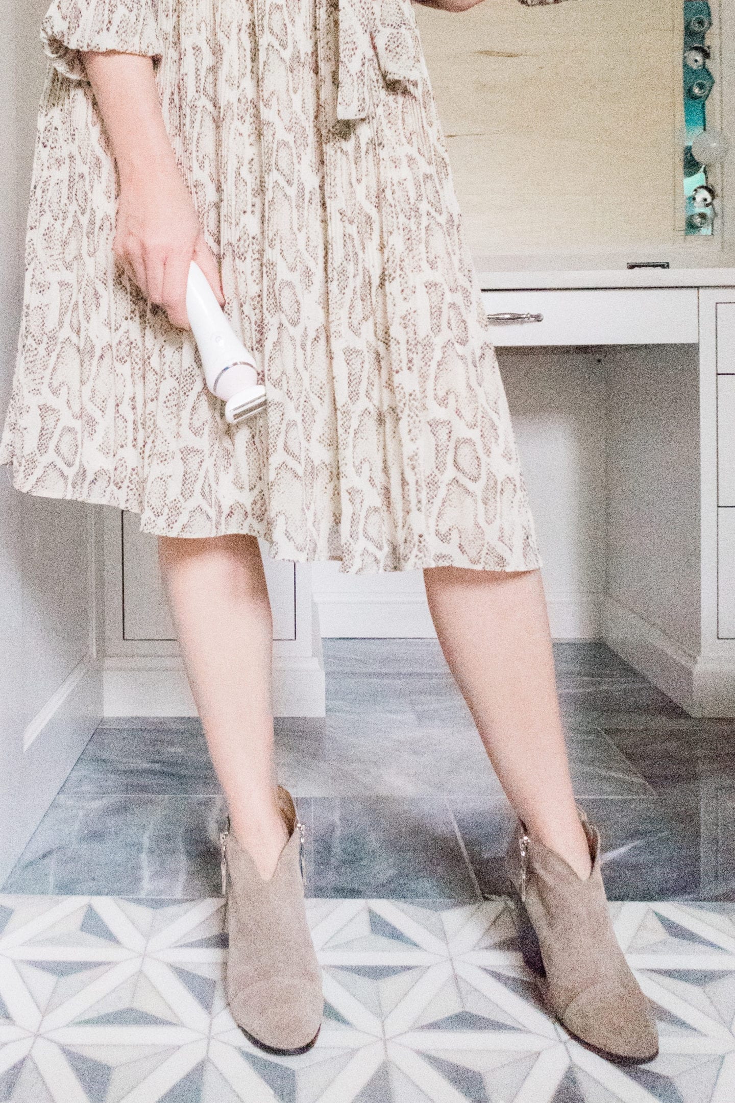 Shaving with winter skin. How to keep winter skin soft. Philips Electric Razor. Suede booties and Anthropologie dress.