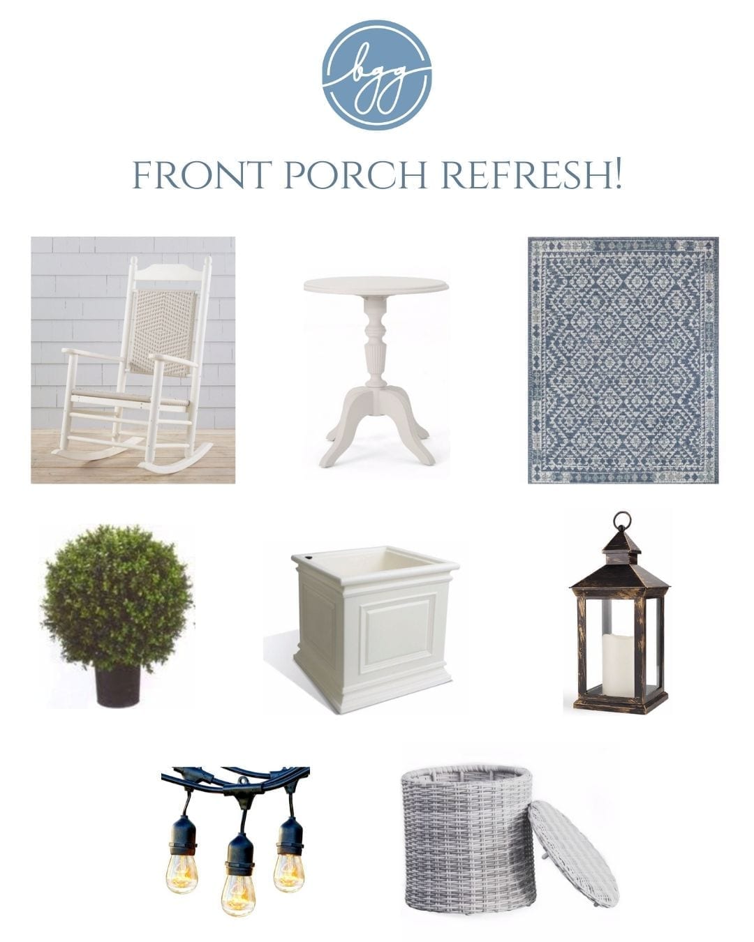 Front porch decor inspiration in blue's and grays. Update your porch with a blue outdoor rug, faux boxwood and a gray end table that doubles as storage! Plus I found a great white rocking chair!