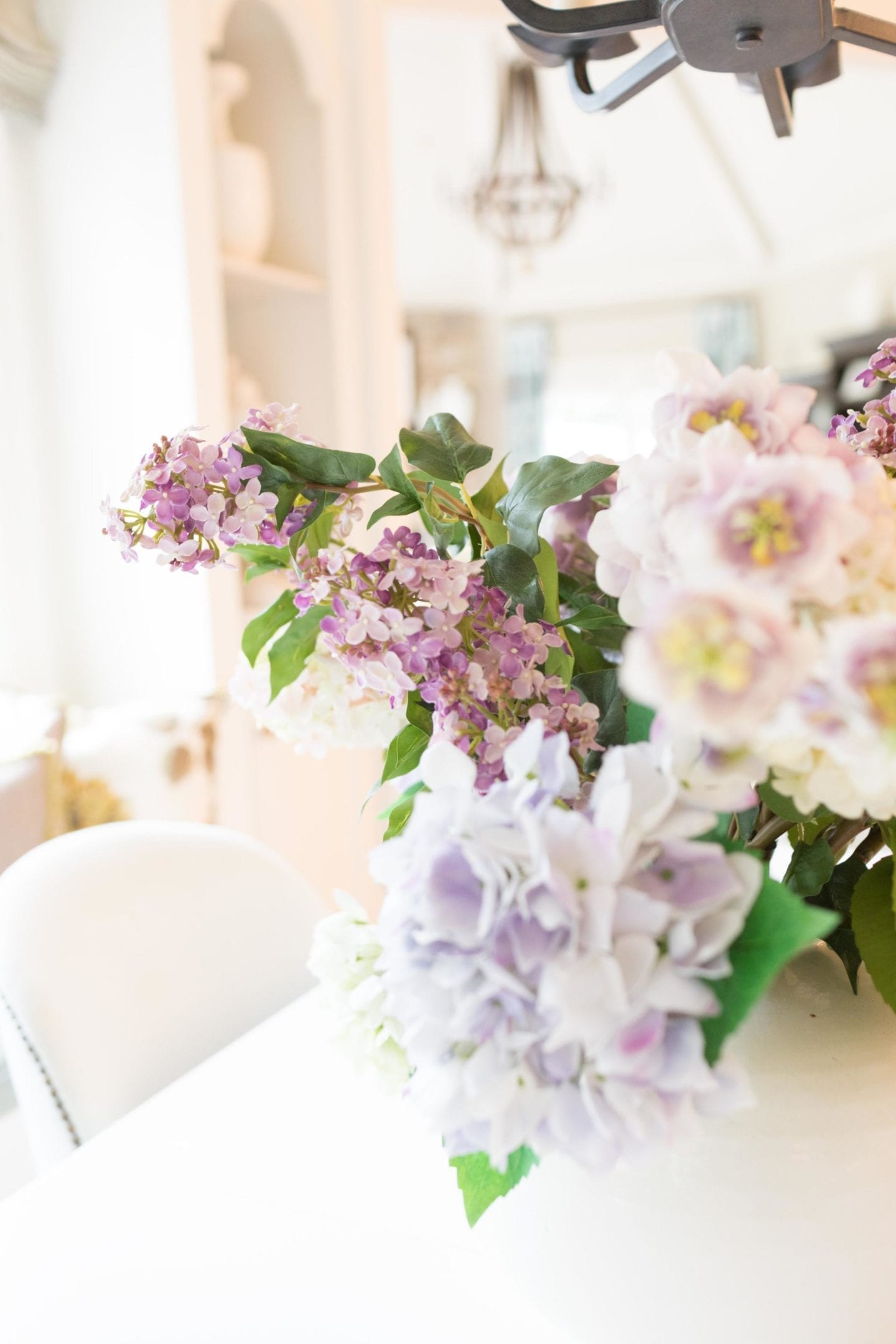 Flower arrangement made with Fake Hydrangea Stems.