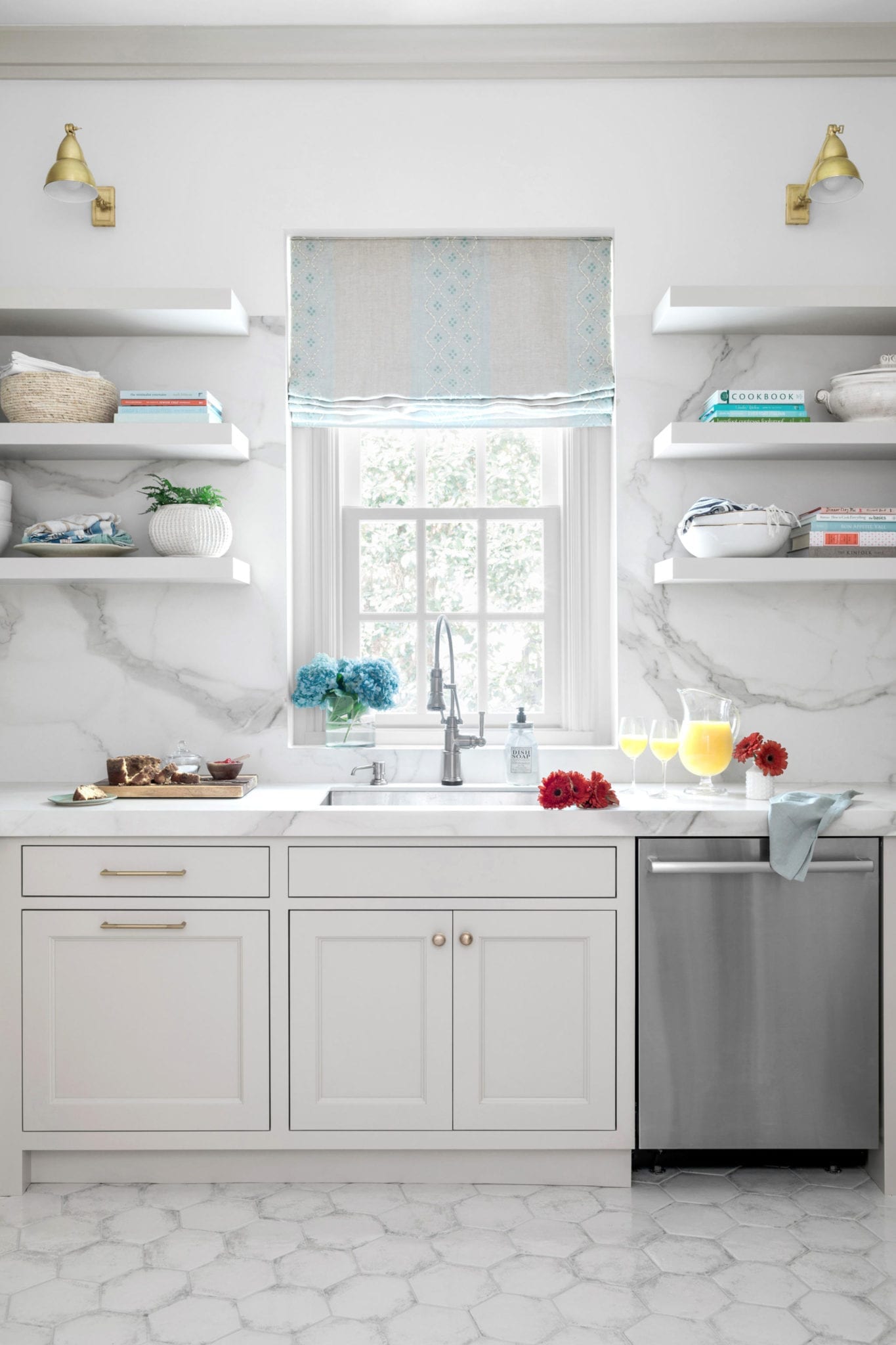 Open Shelves with white tile and blue gray accents in a scullery kitchen.