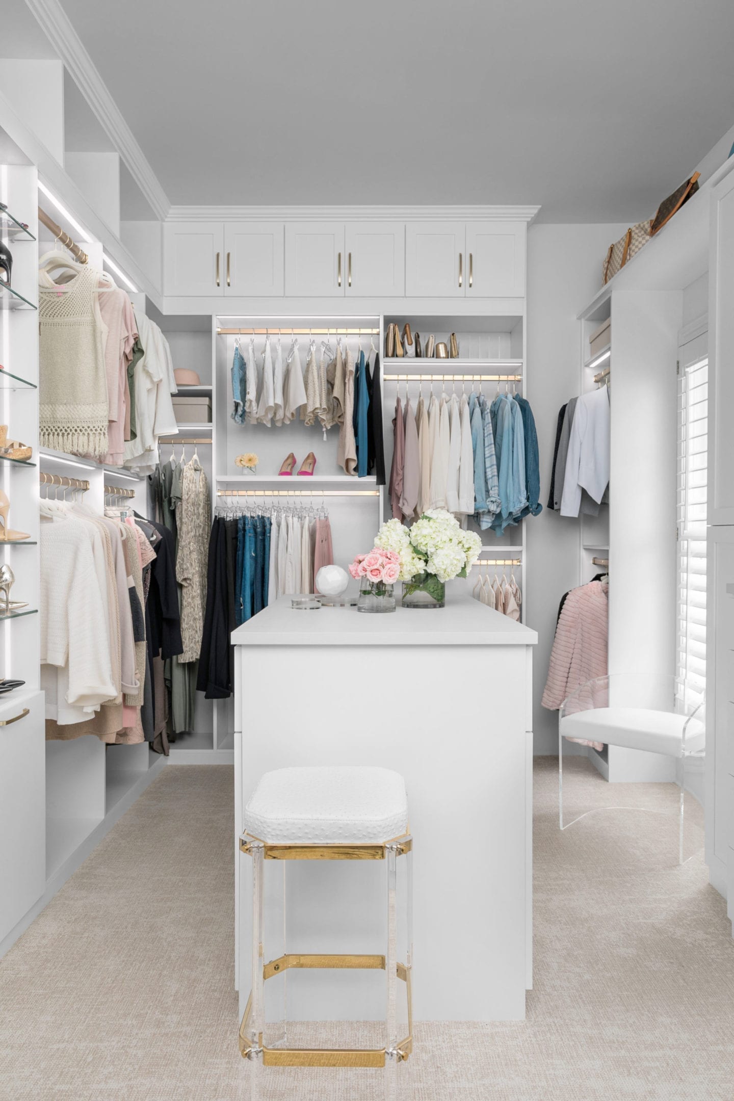 California Closets Atlanta designed this luxury closet for home blogger Kelly Page for BlueGrayGal.