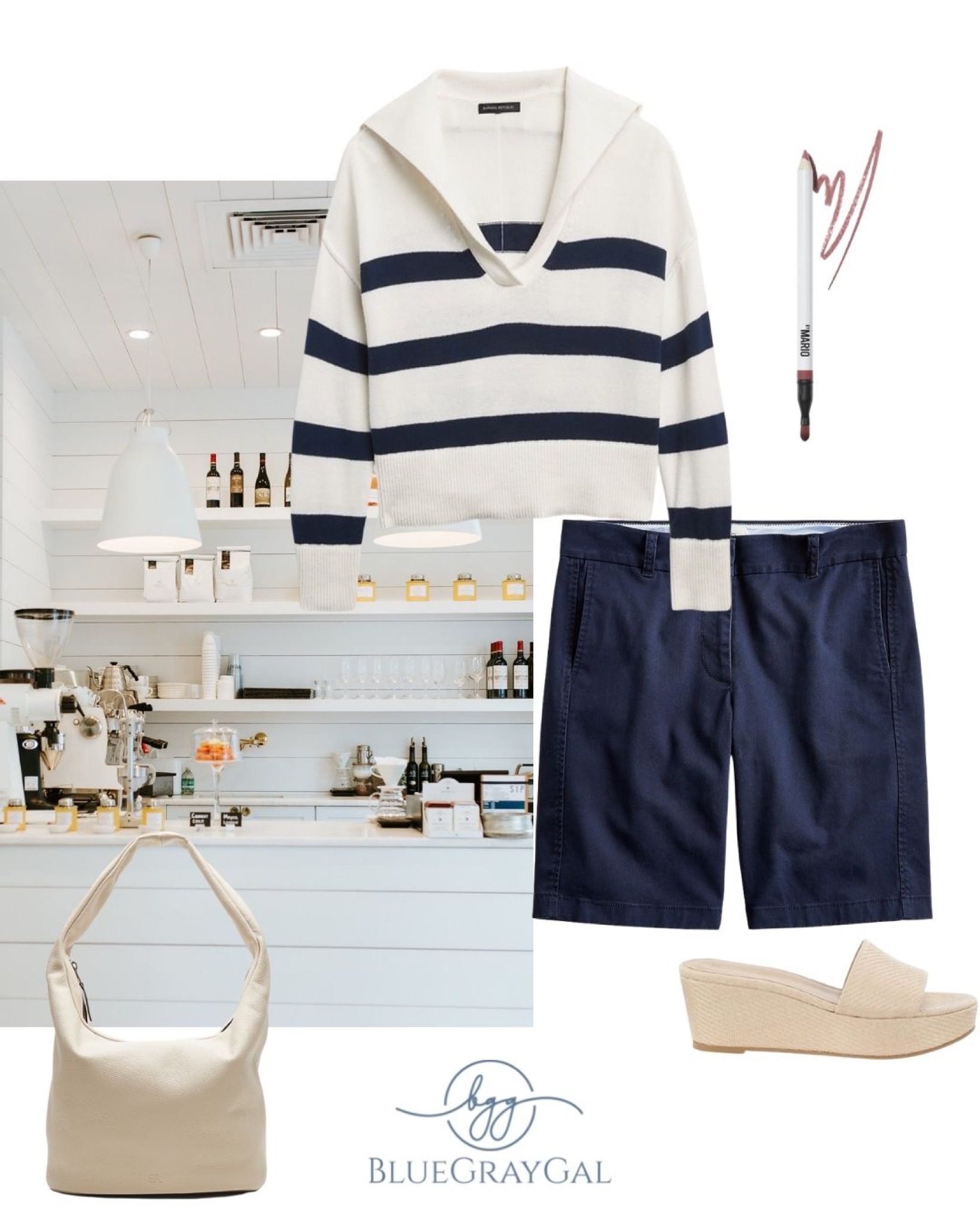 Blue and white striped nautical sweater and blue summer shorts.