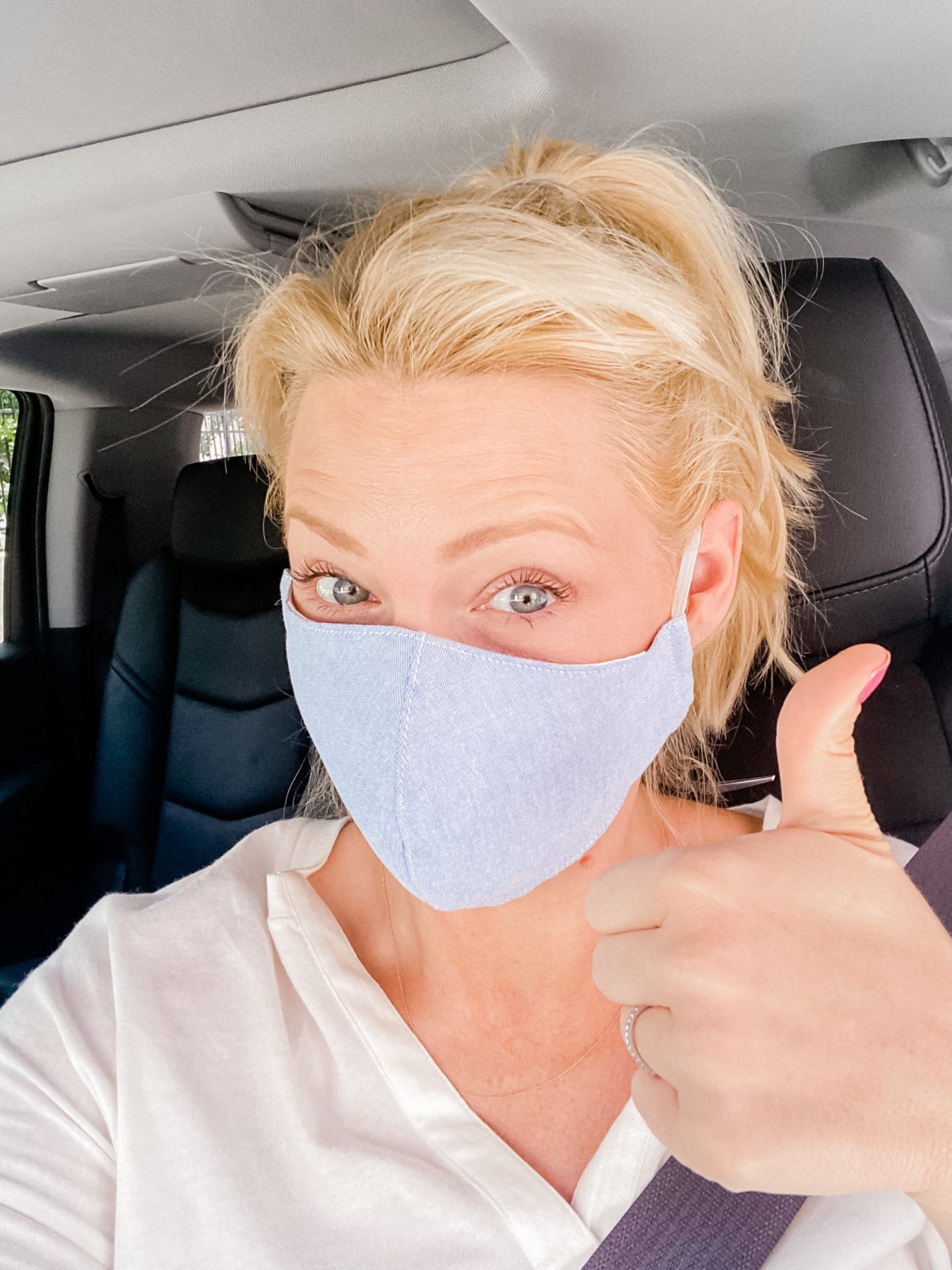 A chambray face mask is worn by Atlanta home blogger Kelly Page for BlueGrayGal.