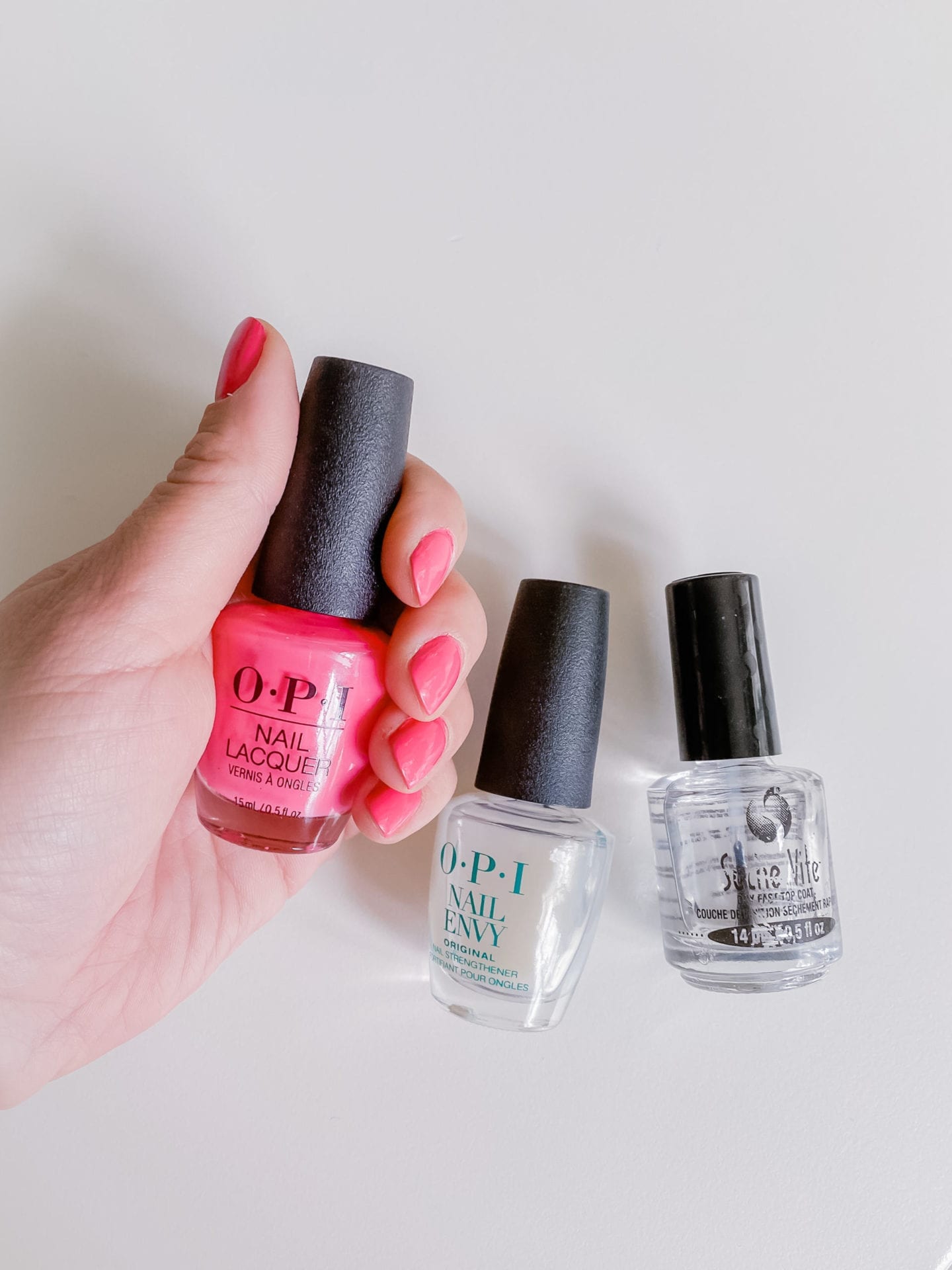 OPI Strawberry Margarita is shared by Atlanta blogger BlueGrayGal along with her favorite OPI Nail strengthener and nail top coat.