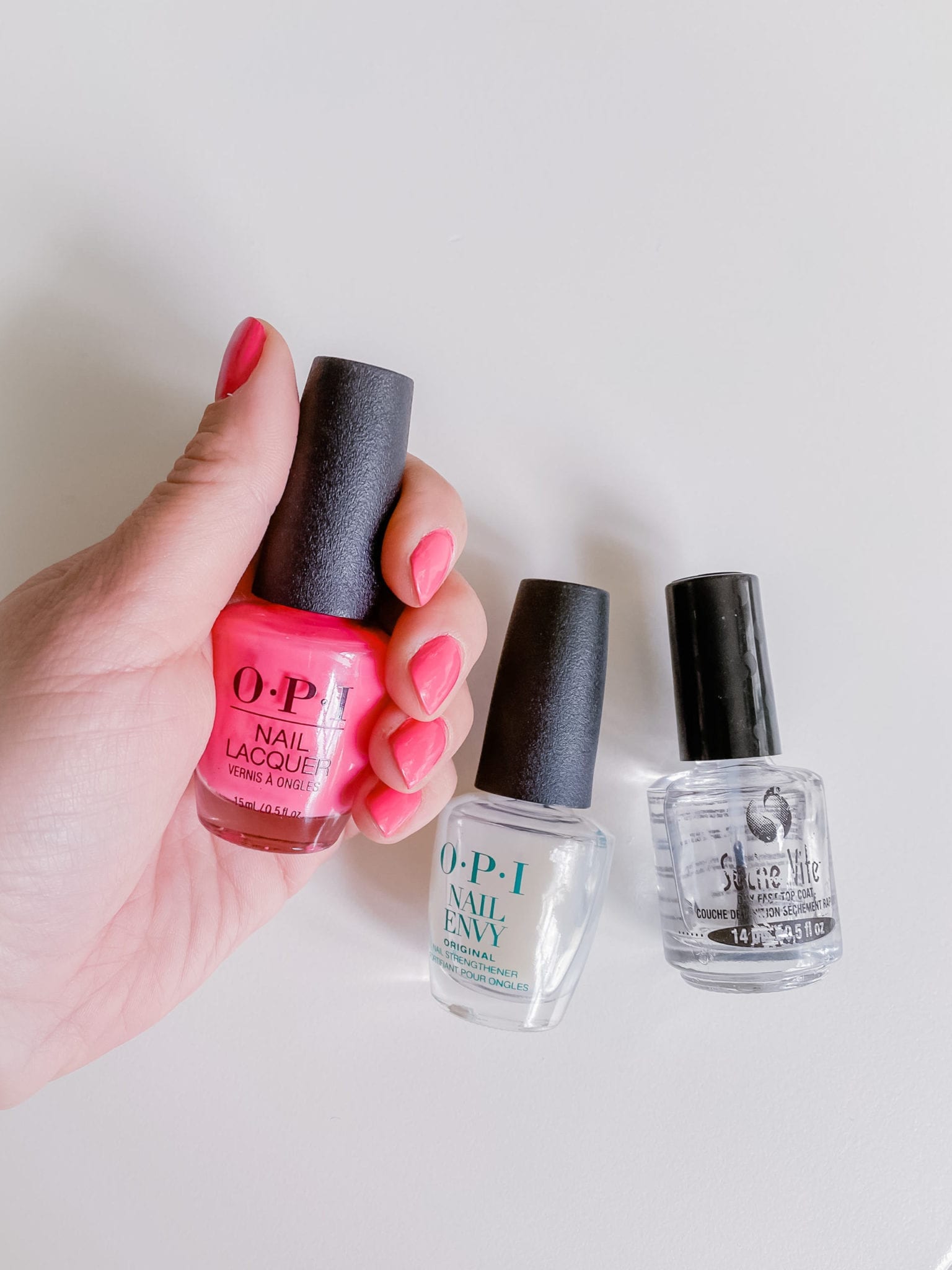 OPI Strawberry Margarita is shared by Atlanta blogger BlueGrayGal along with her favorite OPI Nail strengthener and nail top coat.
