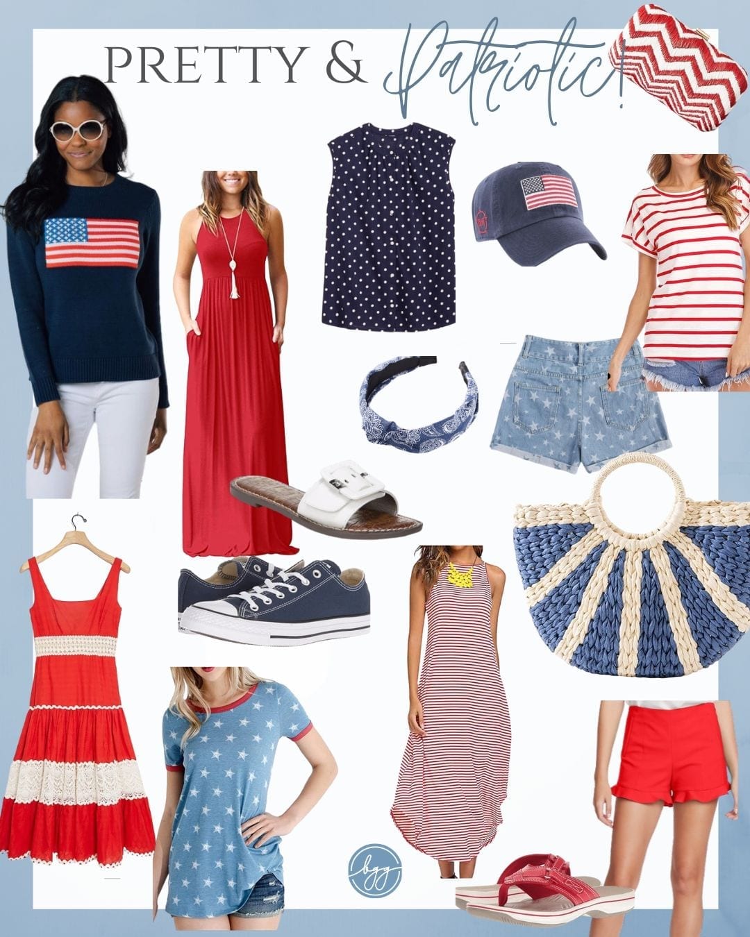 A collection of cute womens Fourth of July shirts or dresses to wear for the holidays.