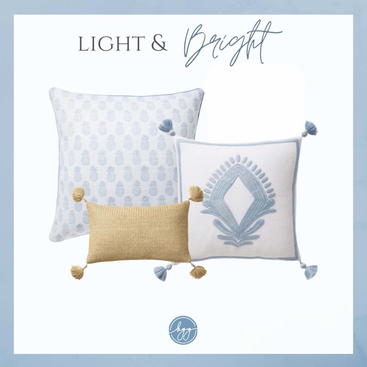 A collection of Serena and Lily pillows that are a mix of light blue, white and natural looks.