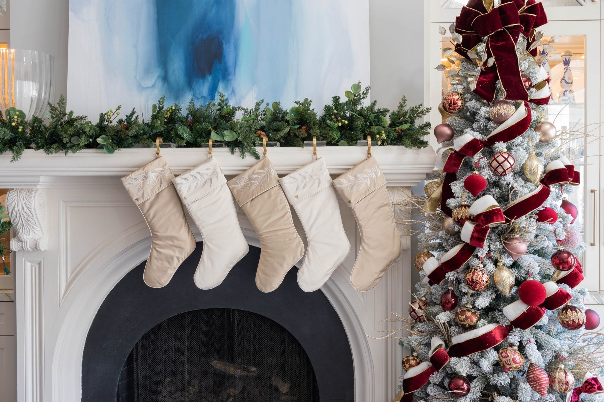 Fig and Dove Satin Christmas Stockings with Burgundy and White decorated white flocked King of Christmas tree.