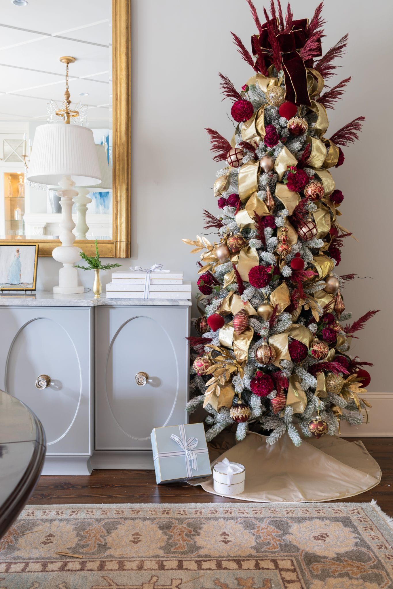 Decorating a Flocked Christmas Tree in Red and White and Creating