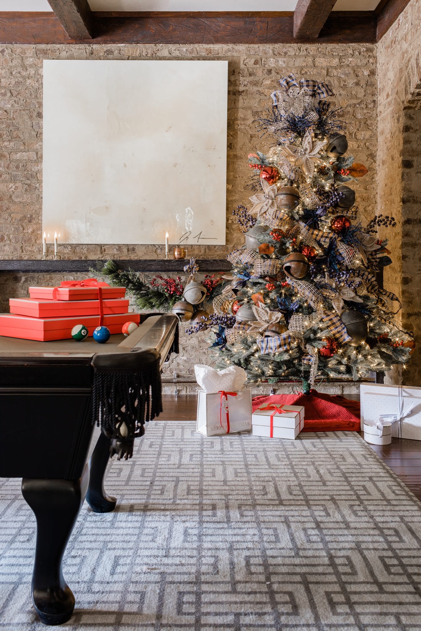 Challenge: create an over-the-top, super "extra" Christmas tree using rustic Christmas tree decorations! I wanted to invoke a ski-lodge type Christmas tree with country accents, warm navy blue Christmas tones and red accents. You be the judge if I succeeded!