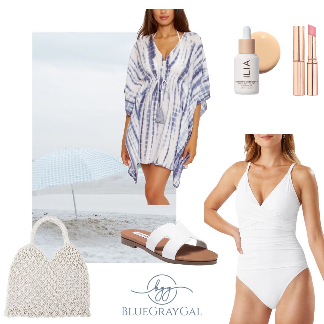 White plunge neck one piece bathing suit and blue bathing suit cover up with white beach bag and makeup for summer.