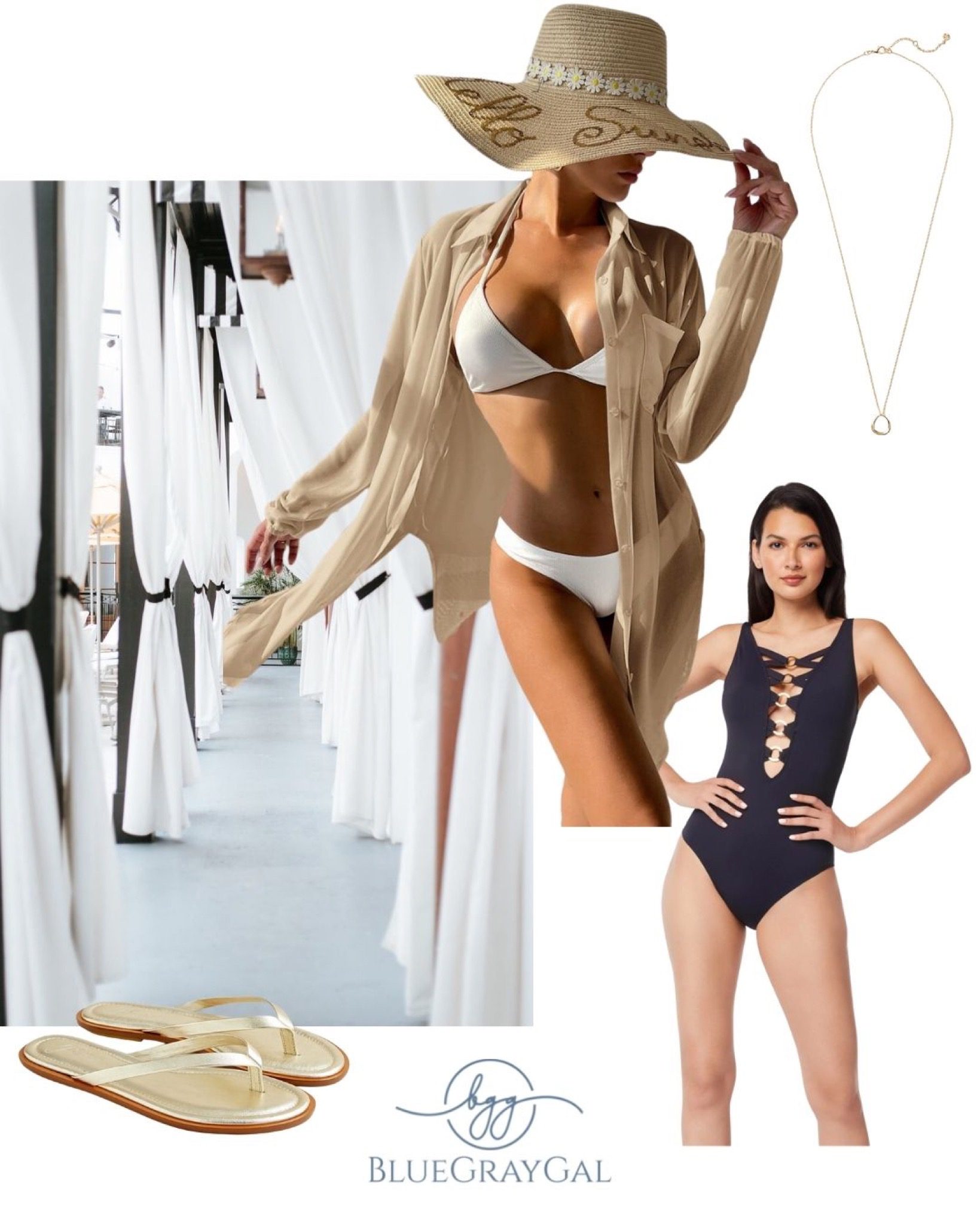 Sexy black one piece bathing suit with gold bathing suit cover up and gold flip flips.
