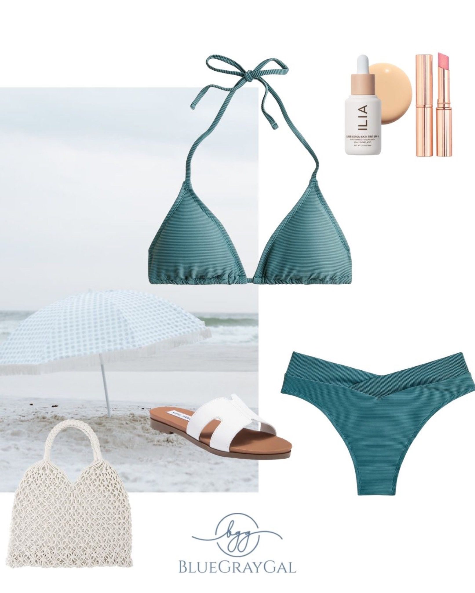 Teal bikini bathing suit with white beach sandals and white beach tote and summer makeup essentials.