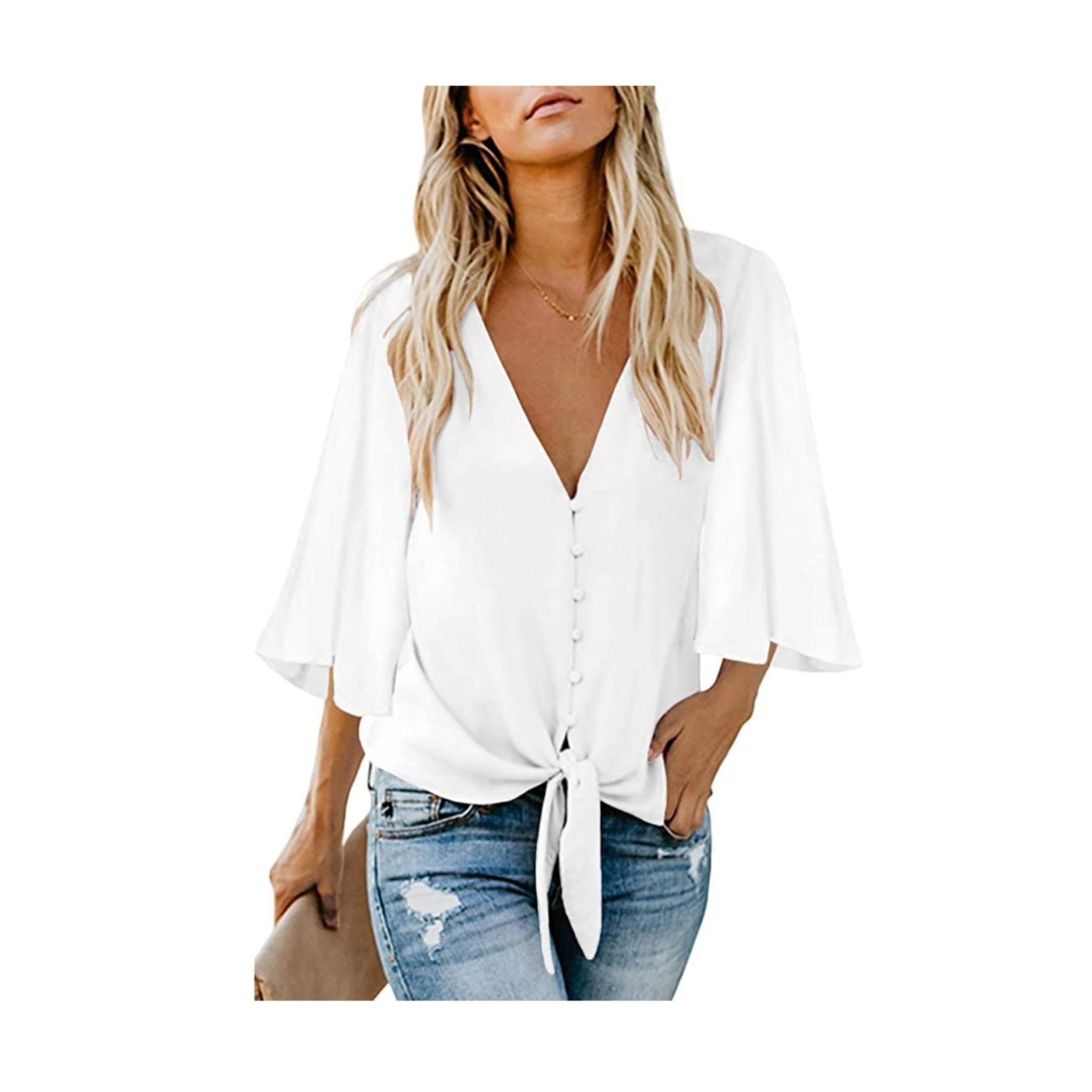 Ruffle 3/4 Sleeve Tie Knot Blouse