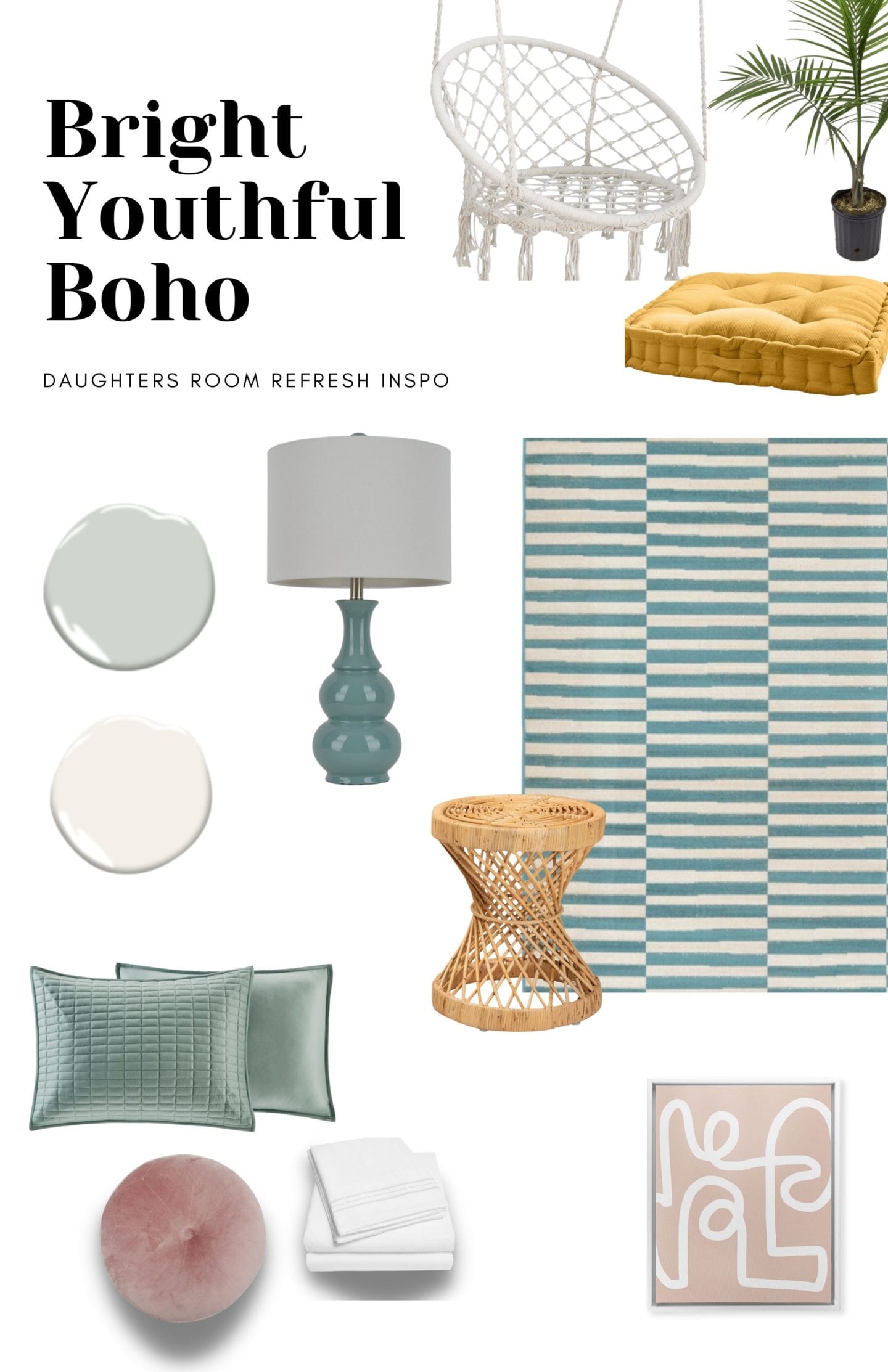 Teal and pink bedroom for girls with pops of yellow and rattan accents.