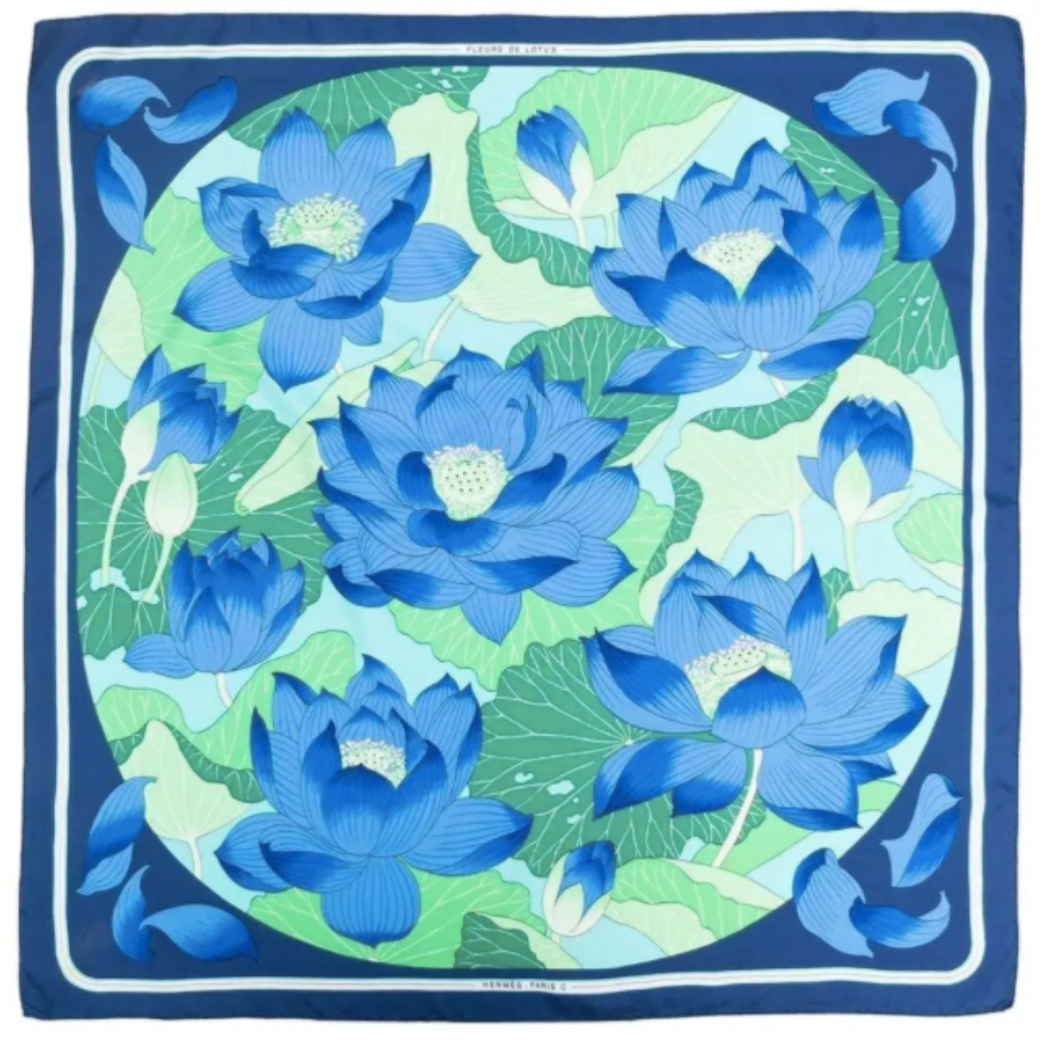 Hermès Blue Fleurs de Lotus by Christiane Vauzelle Silk Scarf