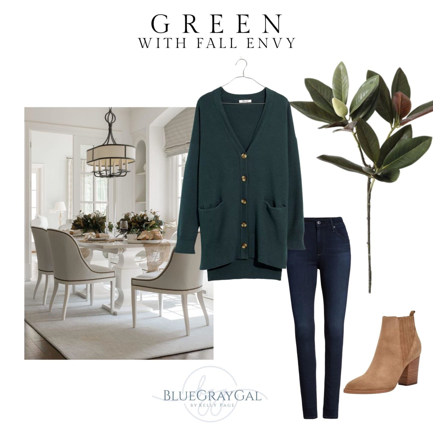 Casual cute fall outfits in green and brown for the fall.