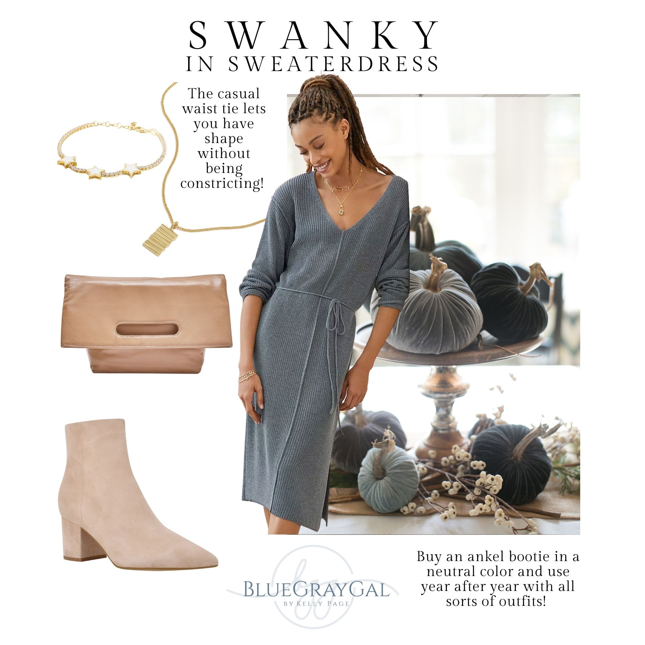 Fall outfit inspiration with a gray fall work dress, beige suede booties and beige clutch.