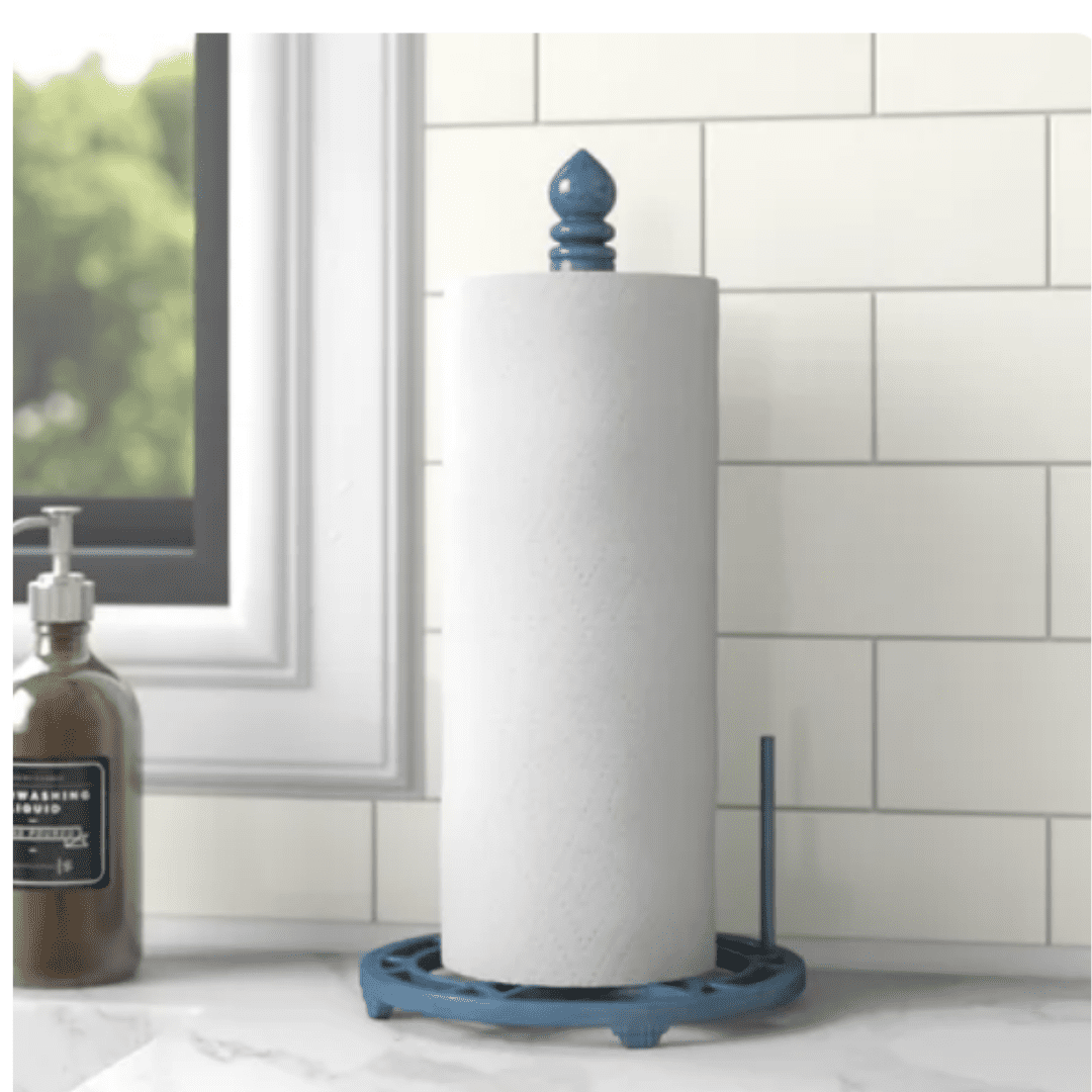 Light blue paper towel holder.