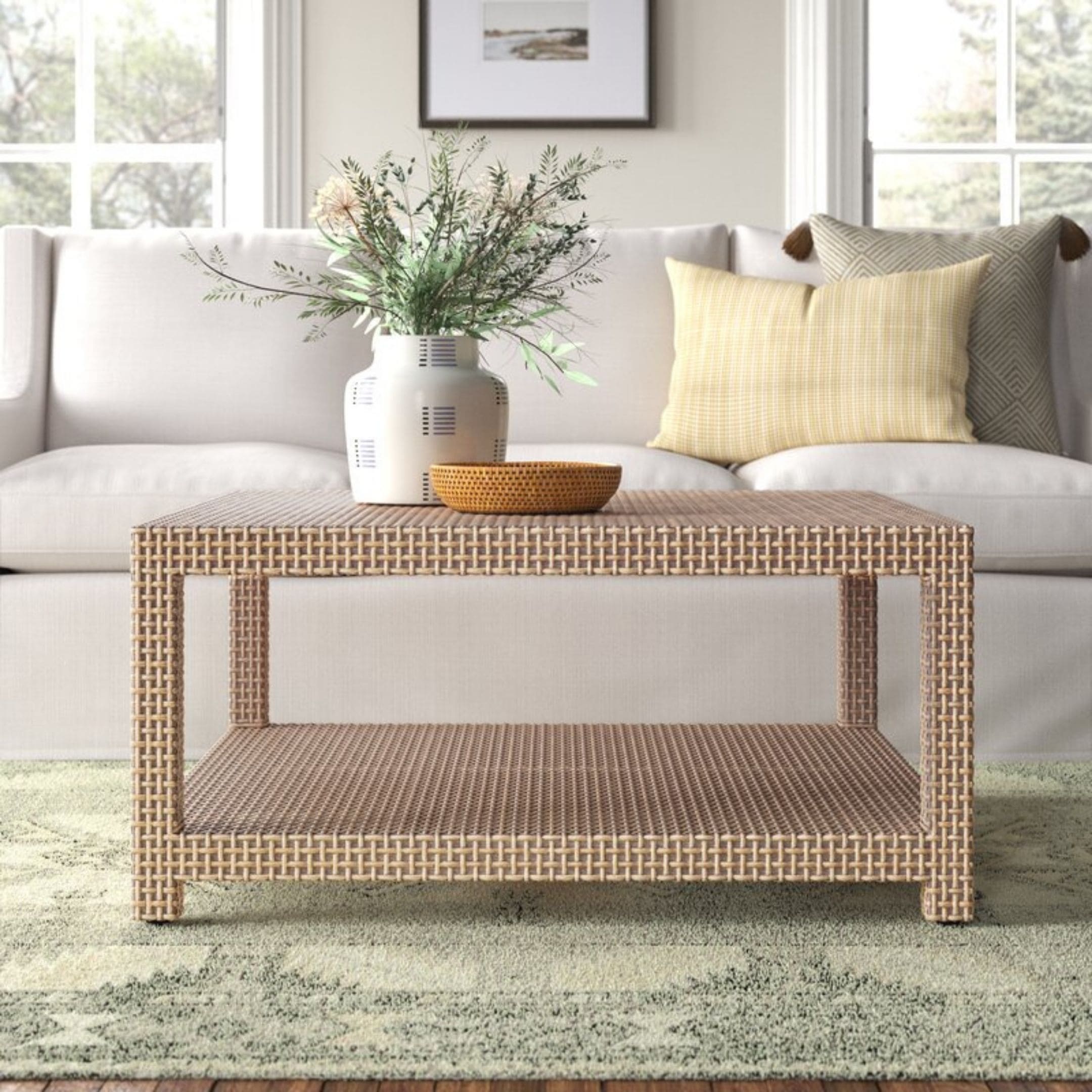 Square wicker coffee table with under storage.