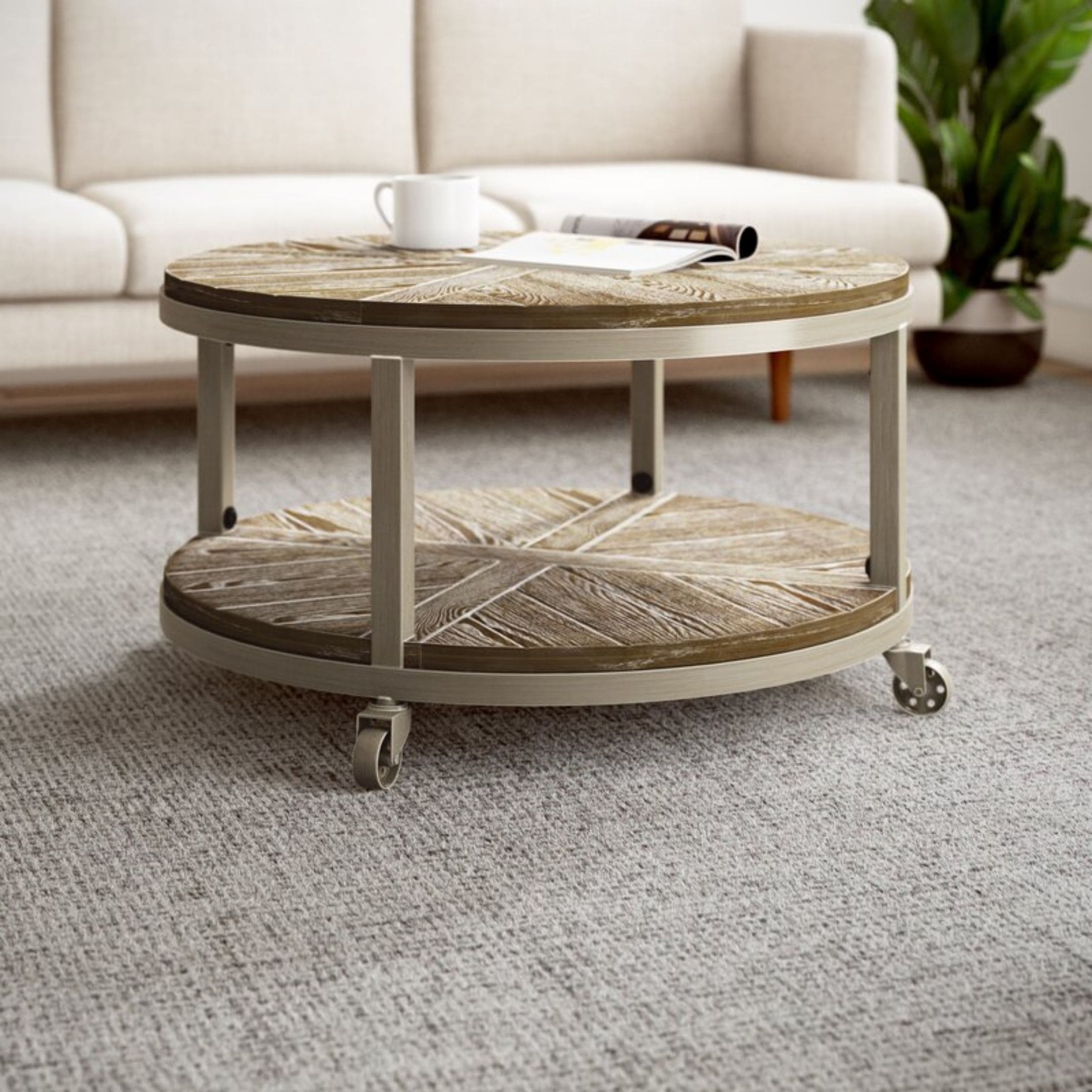 Fake wood coffee table with wheels and storage.