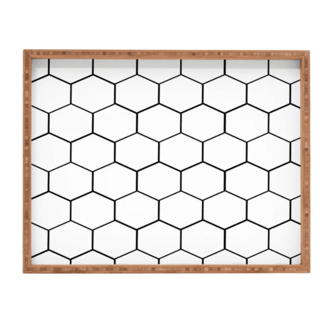 White and black Honeycomb serving tray for a blue-themed kitchen.