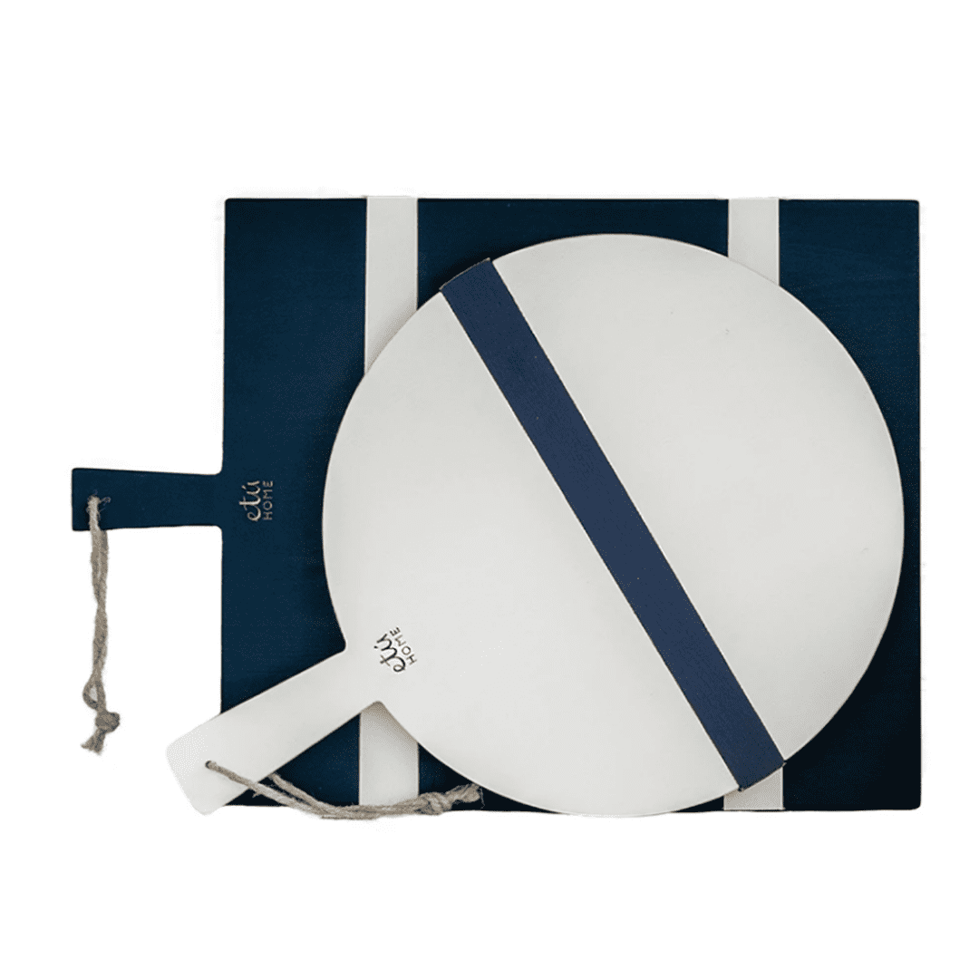 Navy Blue and white cutting boards - rectangle cutting board and circle cutting board.