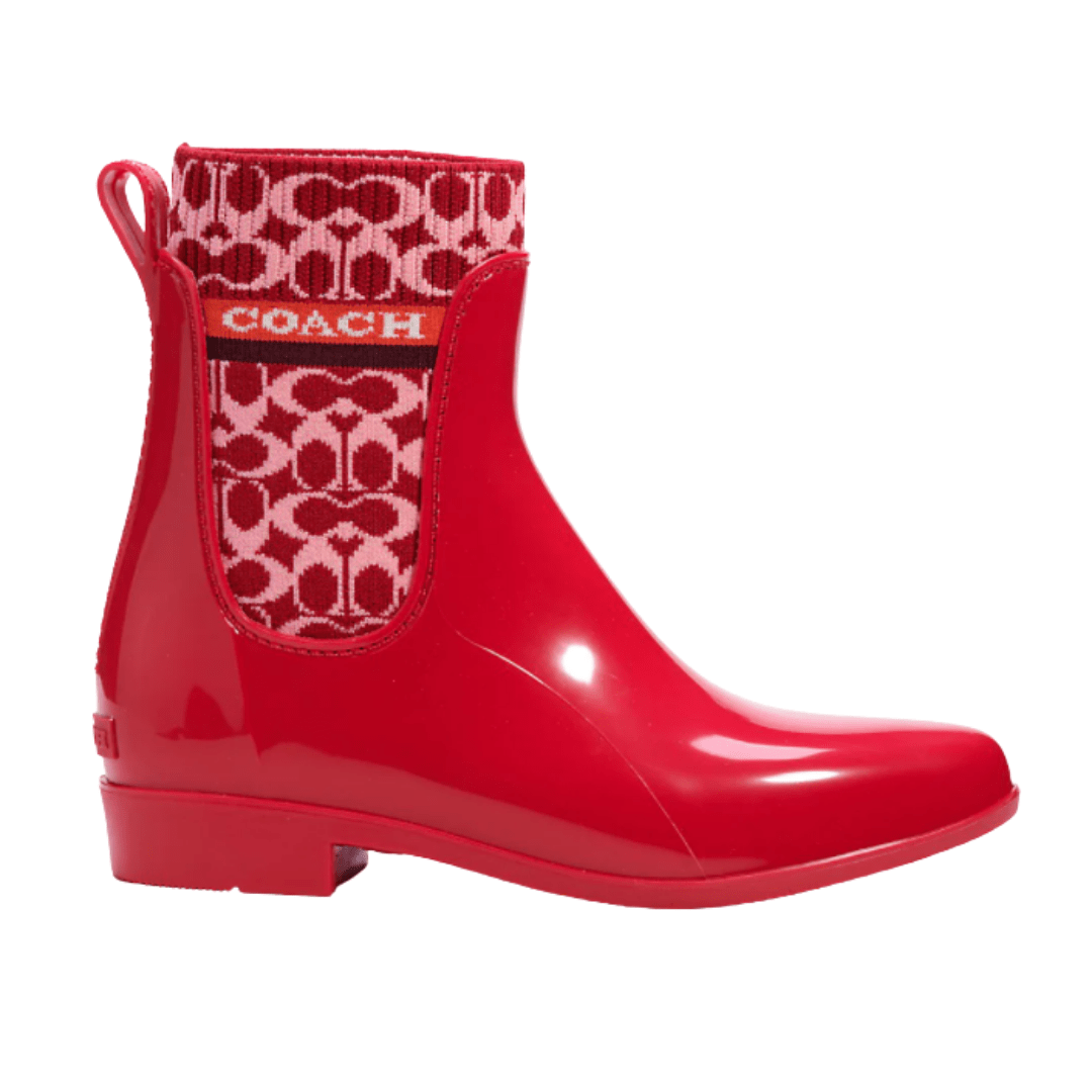 Red winter boots make a dramatic statement especially with you pick a designer winter boot like Coach. These Coach Winter rain boots are perfect for combating the slush and ice.