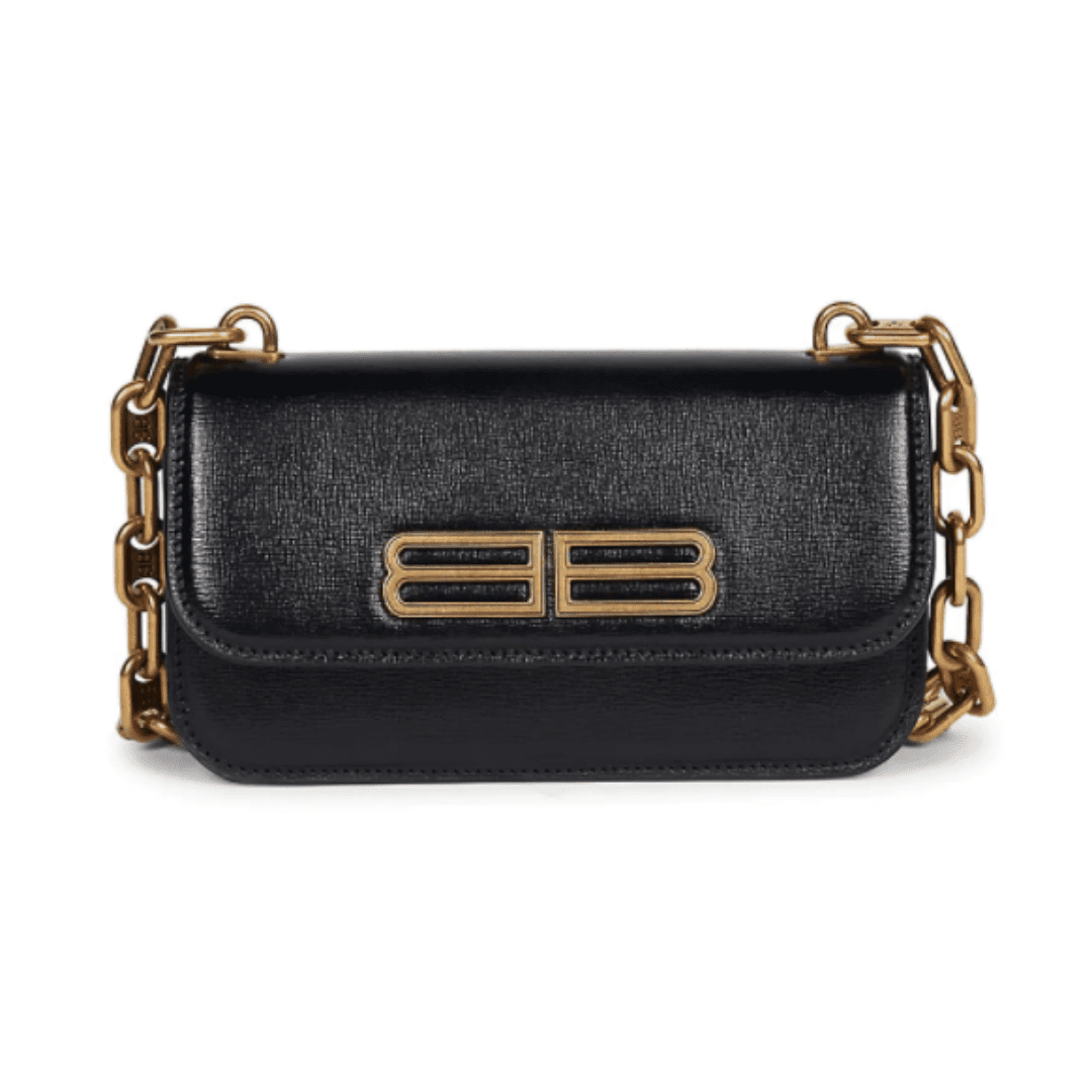 Saks Balenciaga Leather Shoulder Bag with gold chain strap.