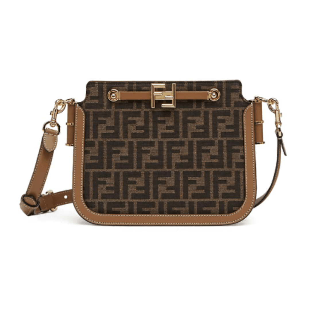 Saks Fendi brown and black logo fabric shoulder bag with clip on strap.