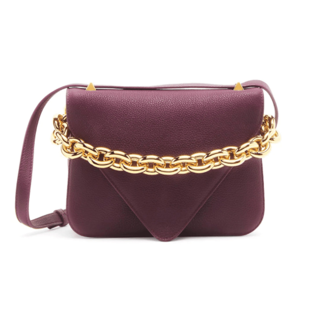 Merlot Saks Bottega Veneta Corssbody bag with gold decor chain.