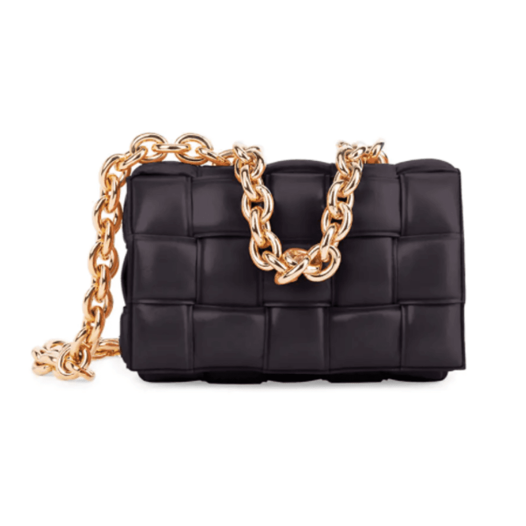 Saks Bottega Veneta Chain Leather Padded Handbag in Black with a gold chain.
