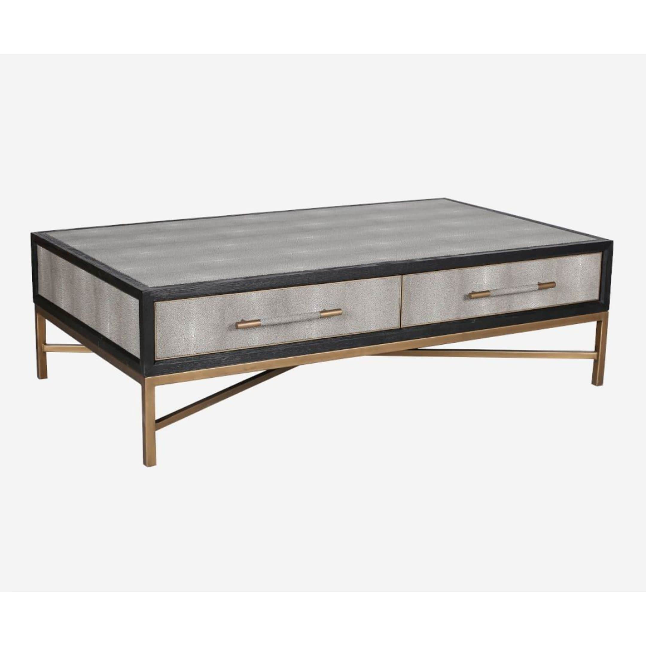 Pottery Barn coffee table with drawers and metal legs.