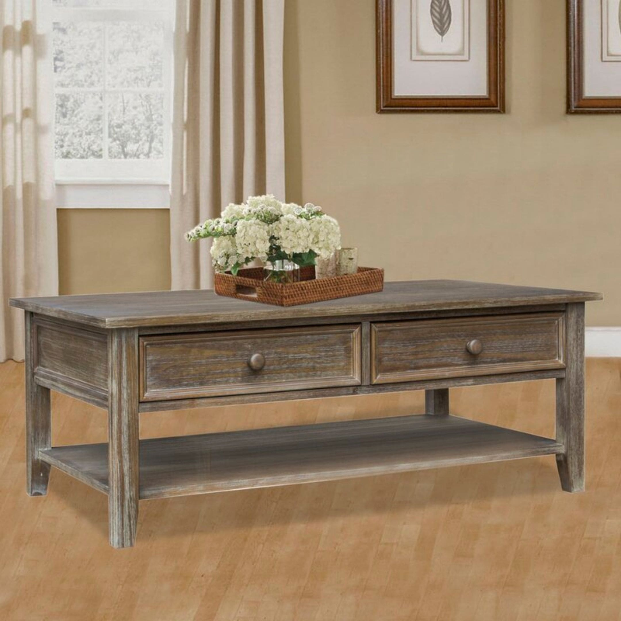Rectangle coffee table with drawers and lower storage.
