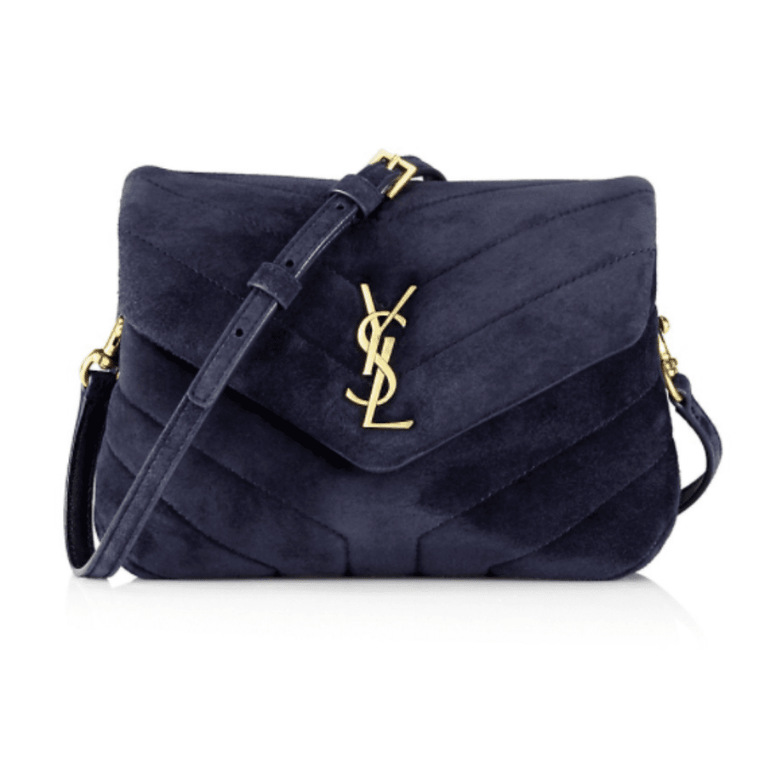 Saks Saint Laurent Crossbody Bag in blue velvet with adjustable velvet strap.