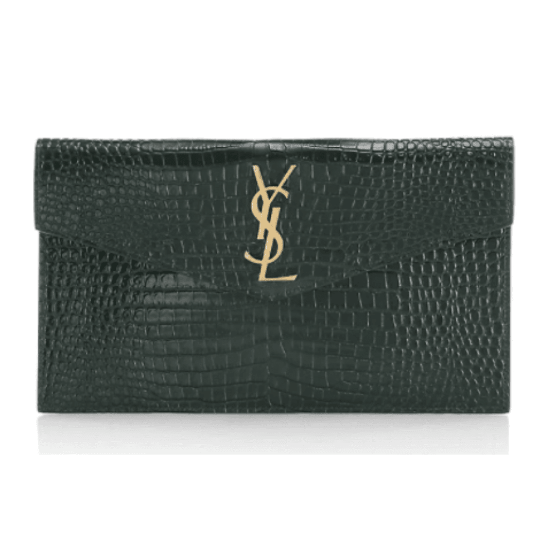 Dark Green Saks Saint Laurent leather pouch with crocodile print.