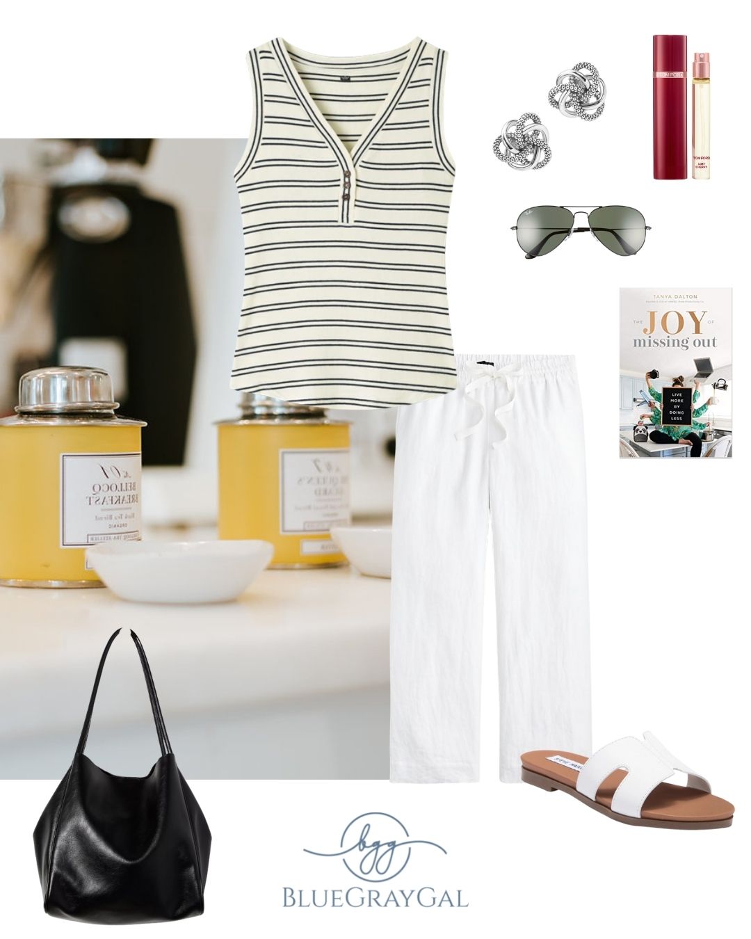 Striped Tank top outfit with white pants and black and white fashion accessories.
