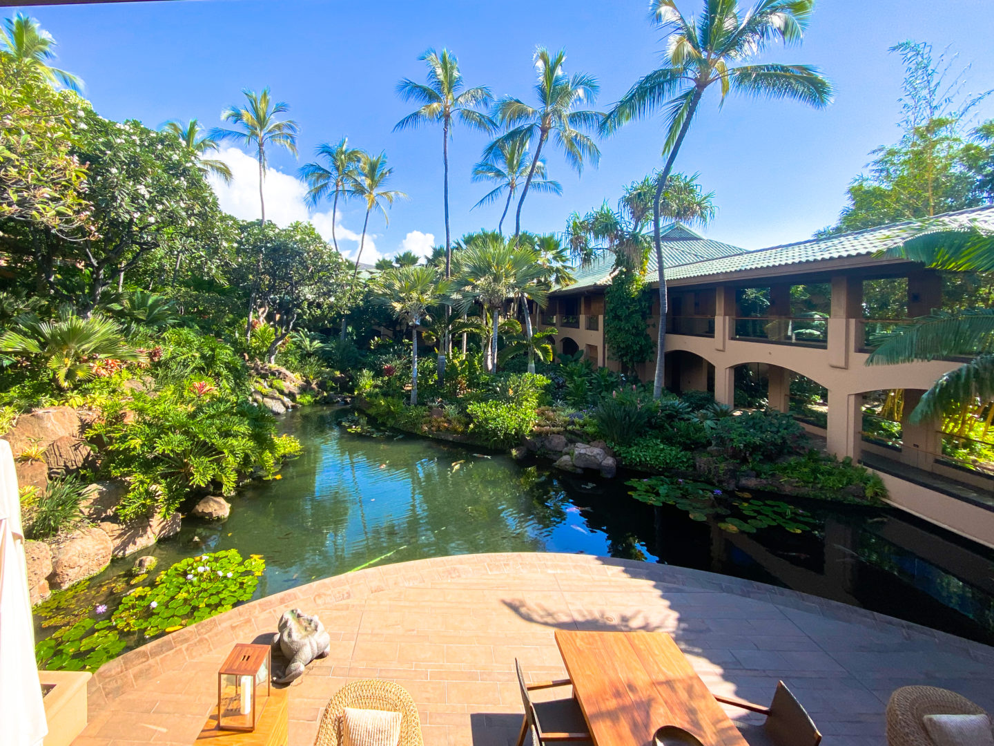 The Lanai Four Seasons grounds include water ways between the hotel rooms and suites.