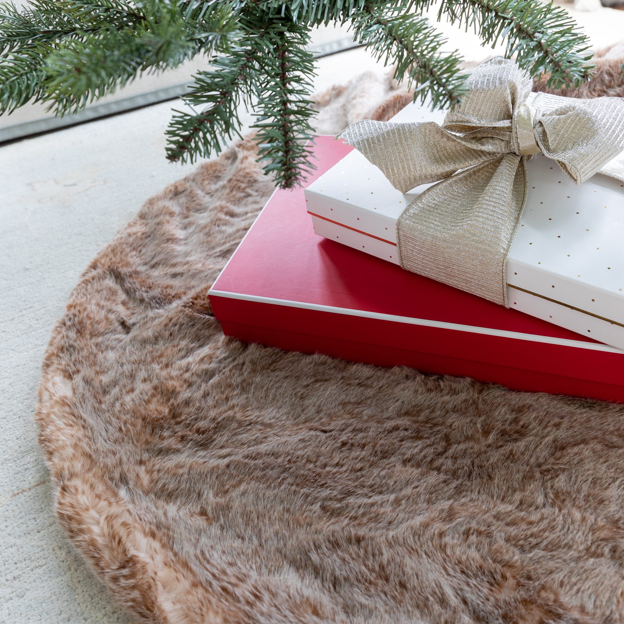 Brown Faux Fur tree skirt for rustic tree skirt design.