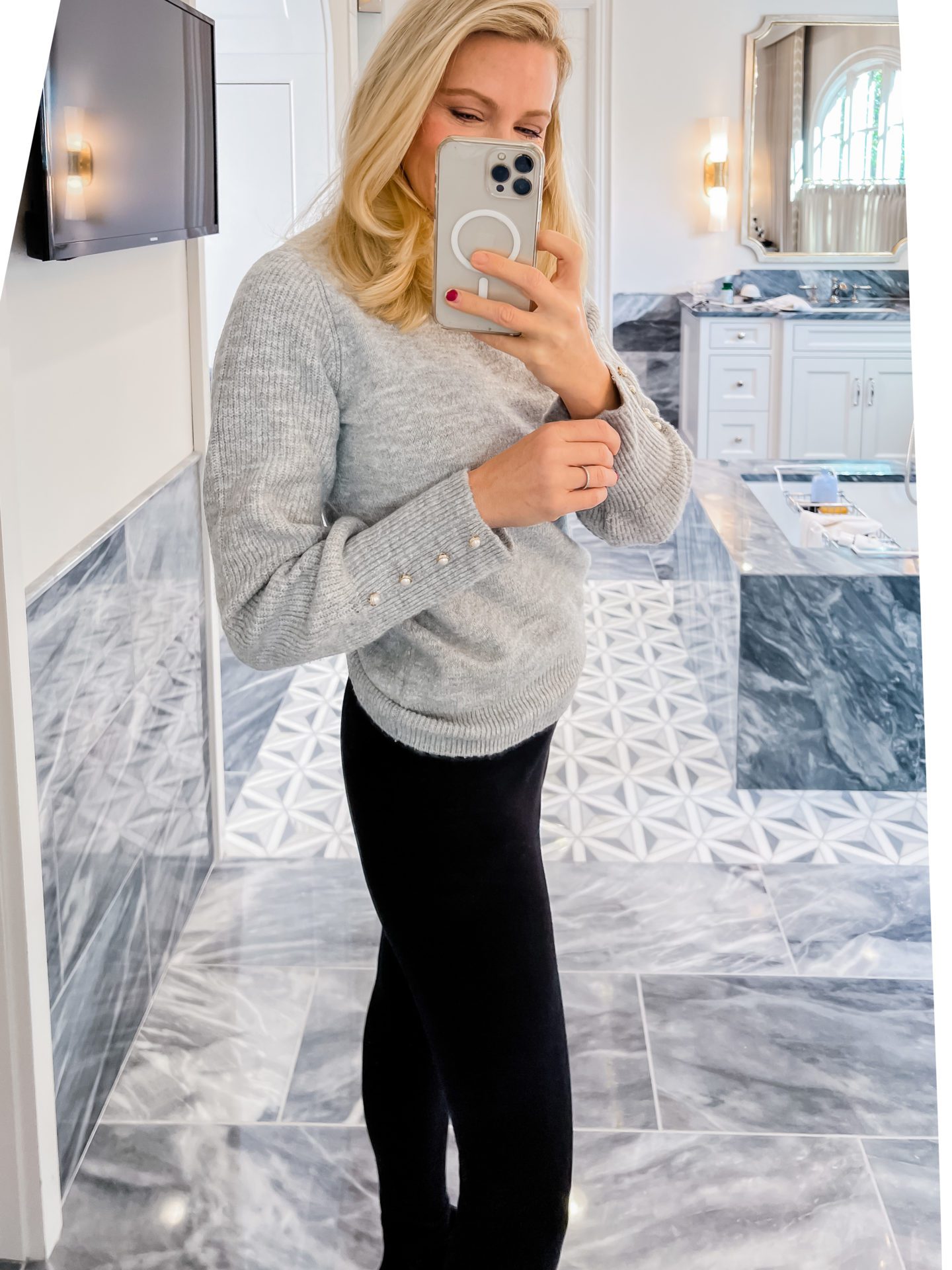 A Walmart pearl sweater with turtleneck and blousy sleeve is worn by Atlanta fashion influencer Kelly Page for BlueGrayGal.