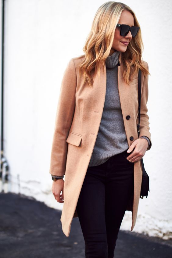 Gray sweater with camel topcoat