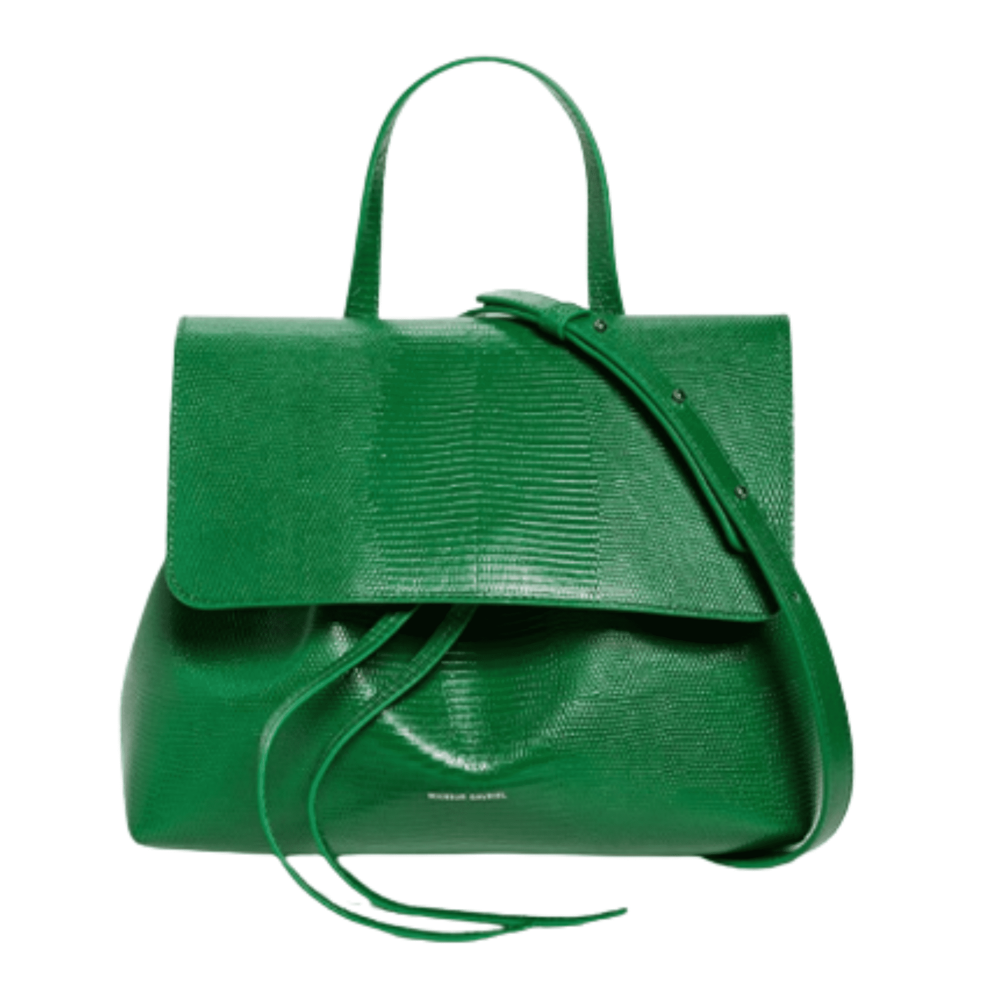 Green backpack with drawstring closure.