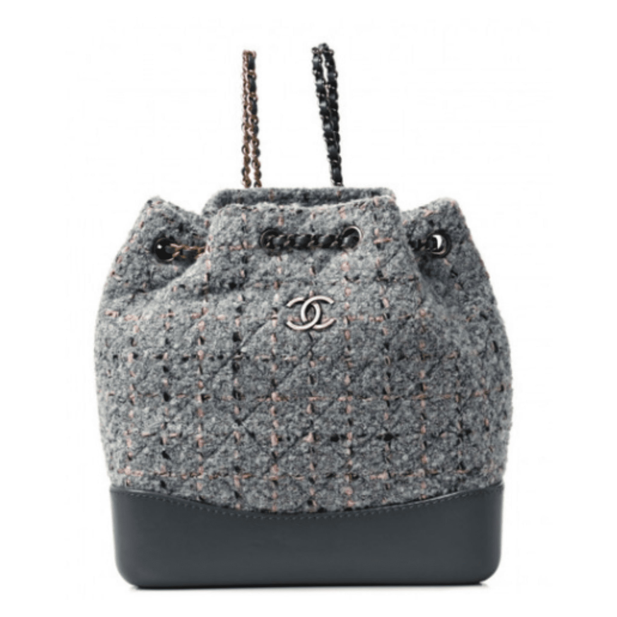 Gray Tweed Chanel Backpack with gray leather bottom.