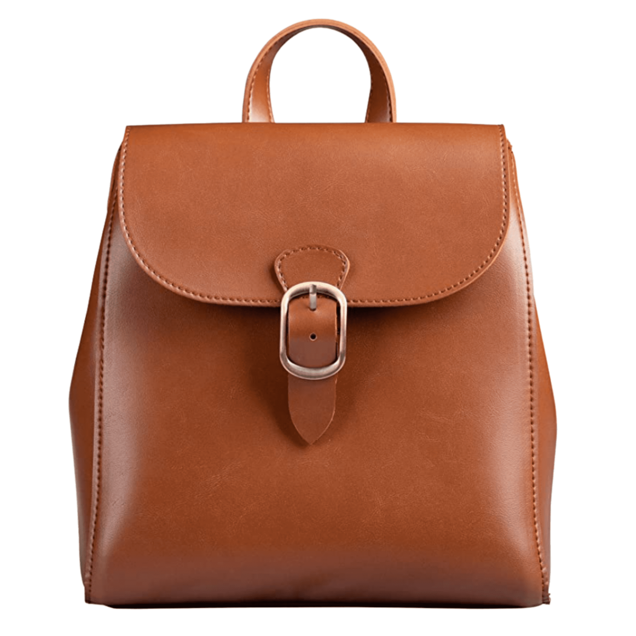 Tan backpack with single handle and gold buckle closure.